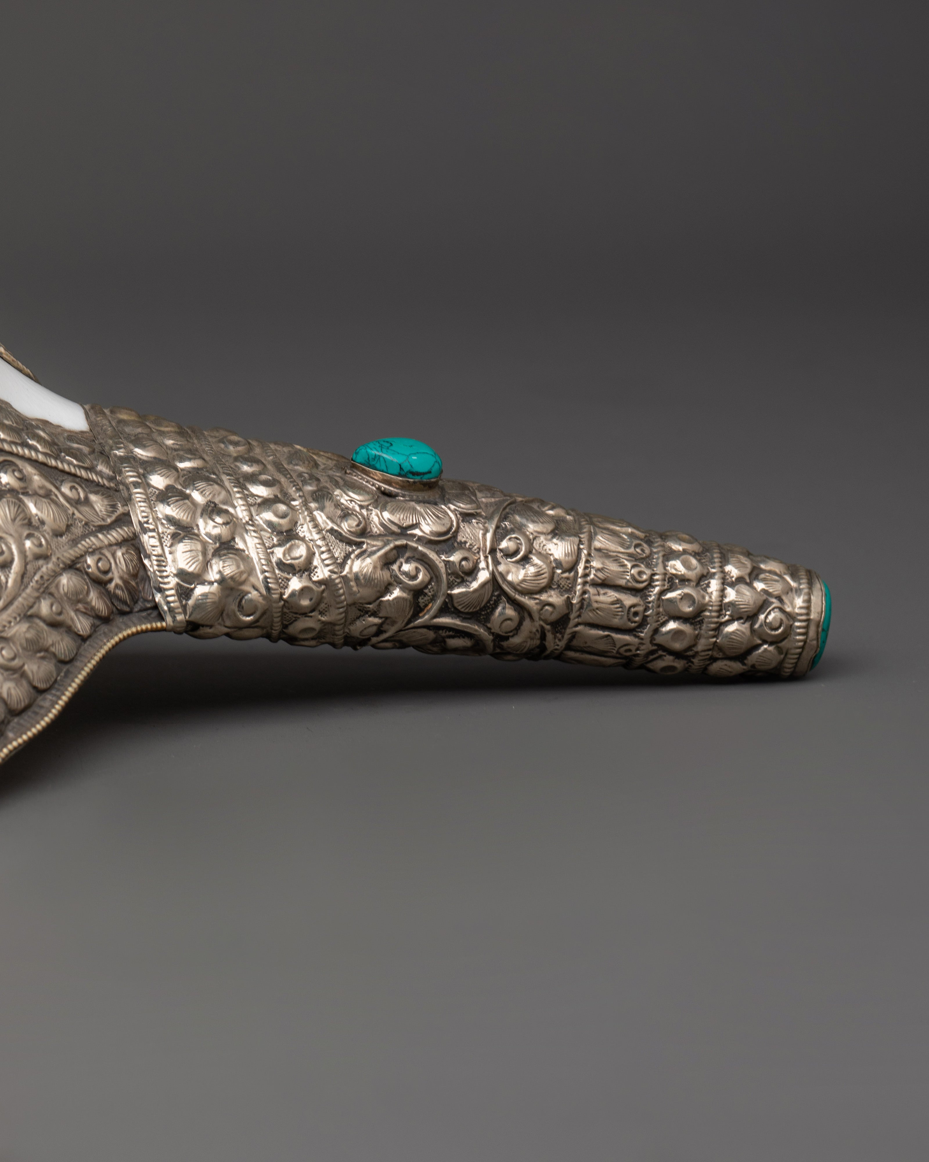 Handcrafted Puja Conch Shell | Tibetan Shankha with Brass and Turquoise Stone