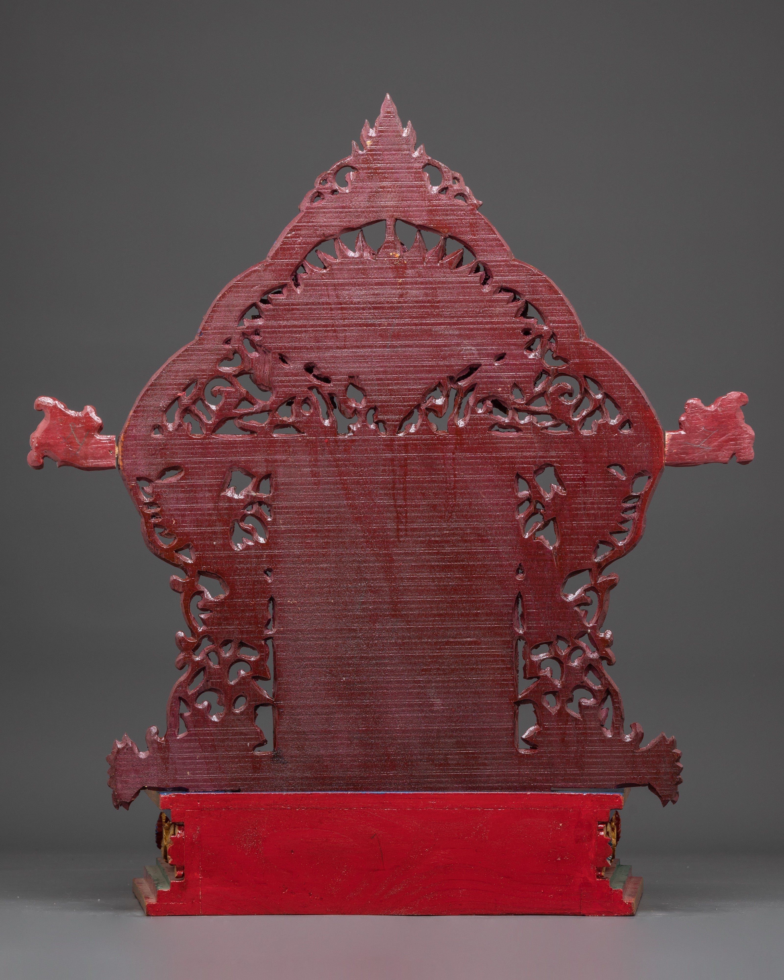 Spiritual Altar Throne with Tibetan Script | Handcrafted Buddhist Wooden Shrine