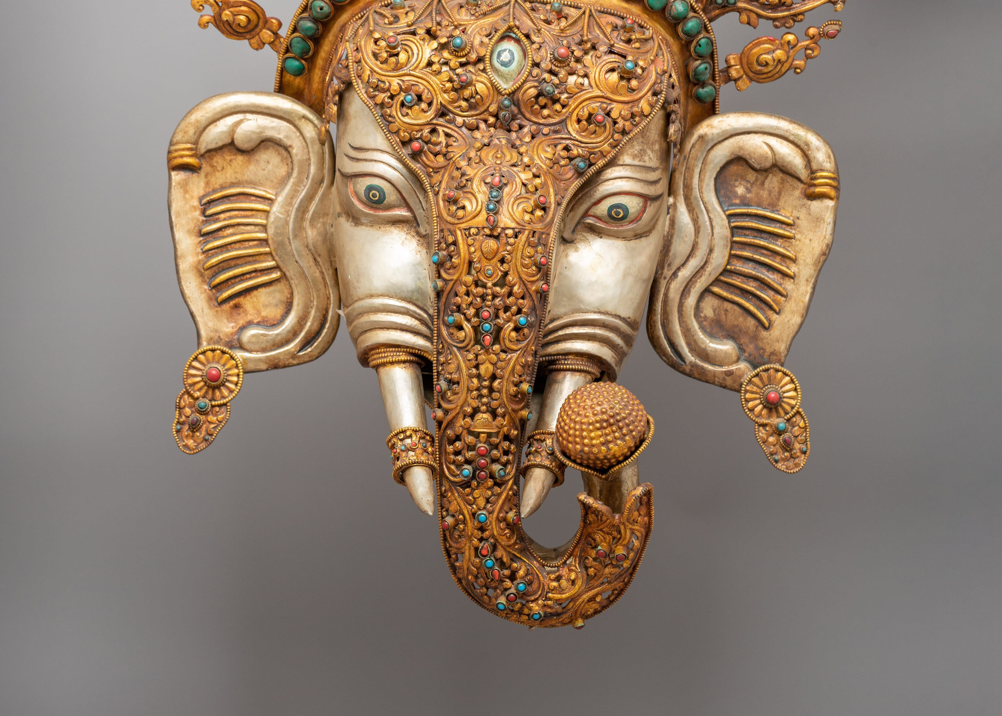 Gold-plated Elephant Headed Deity Mask | Hindu Elephant-headed Deity Sculpture
