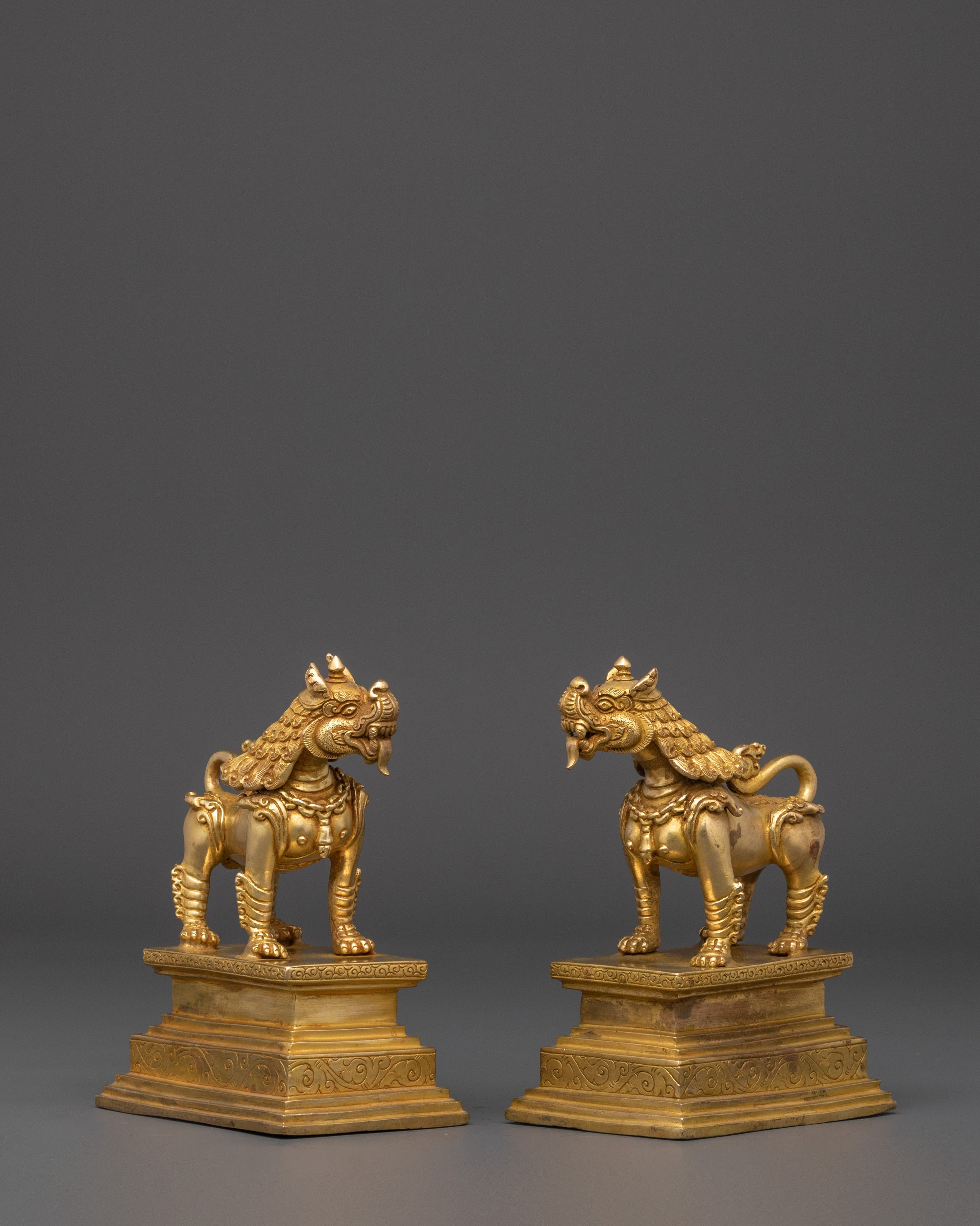 Gold Plated Lion Statue Set | Set of Two Temple Guardians