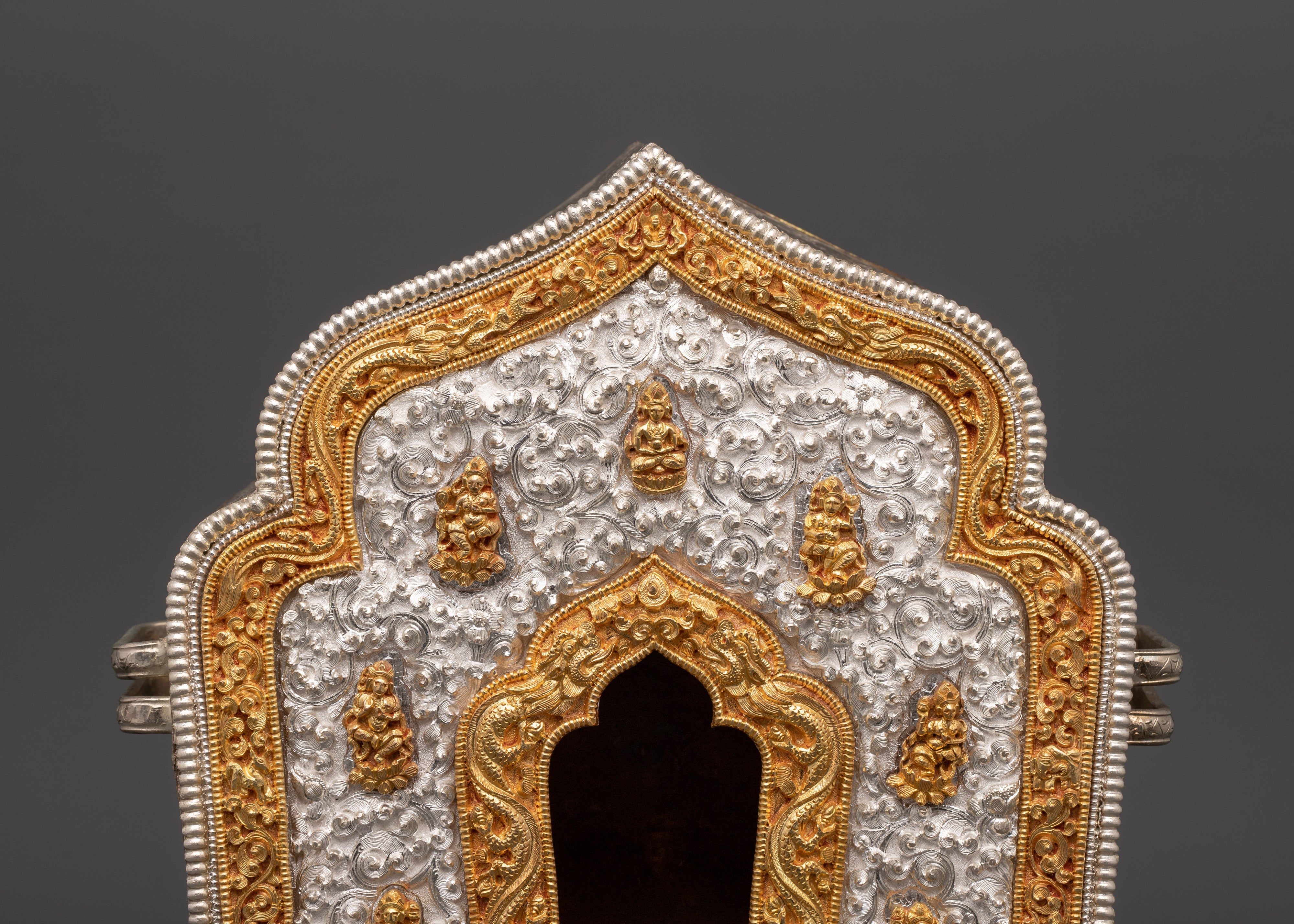 Buddhist Portable Ghau Box \ Gold &amp; Silver-Plated Copper Shrine Box