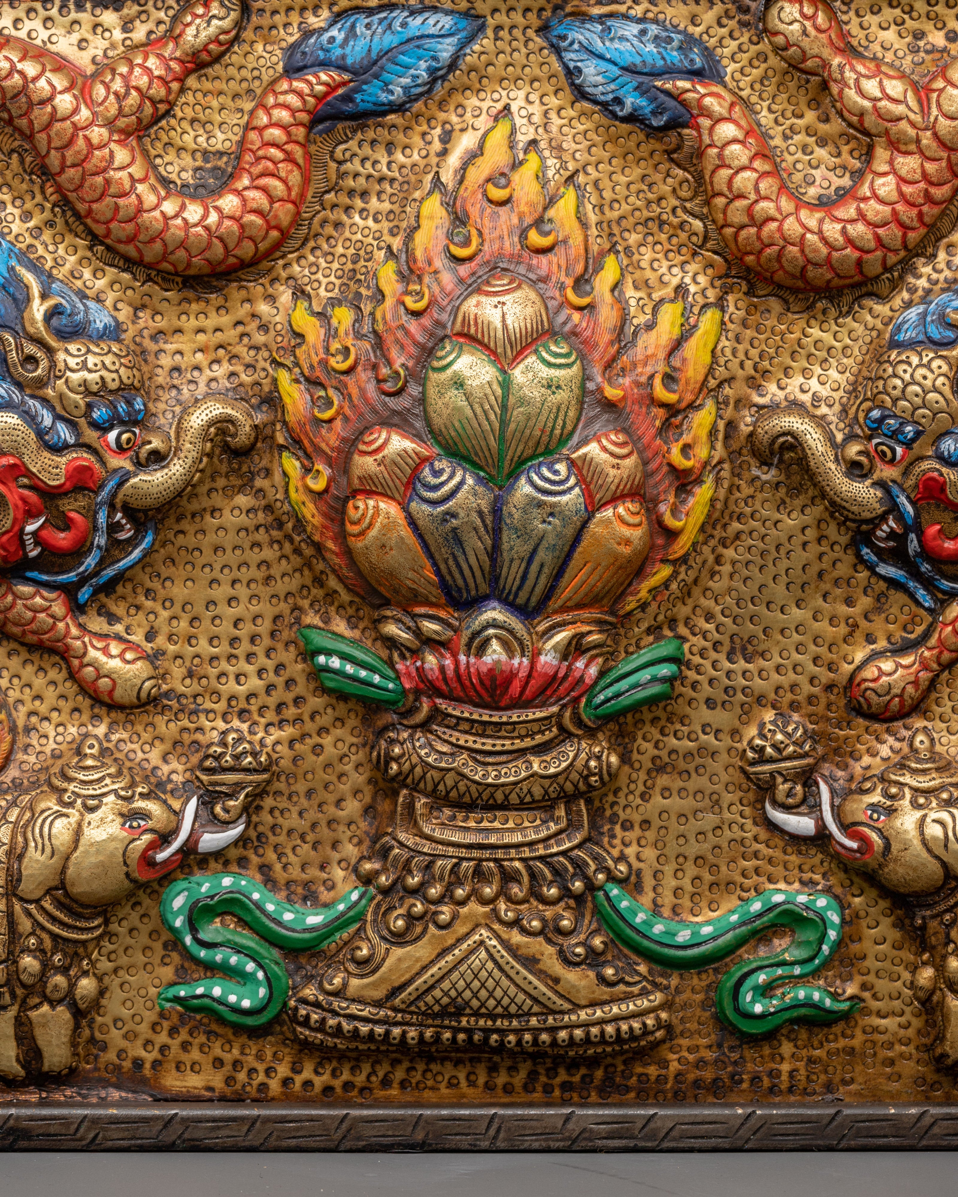Handcrafted Brass Tibetan Wall Hanging | Tibetan Decor with Elephants & Dragon