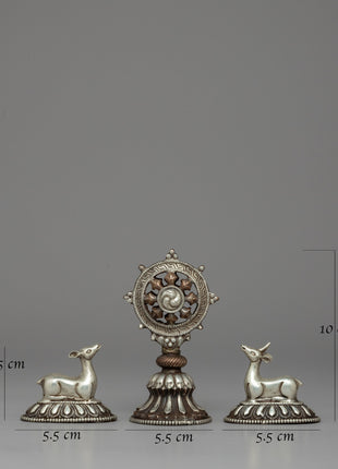Silver-Plated Buddhist Dharma Wheel & Deer Set | Sacred Buddhist Symbol