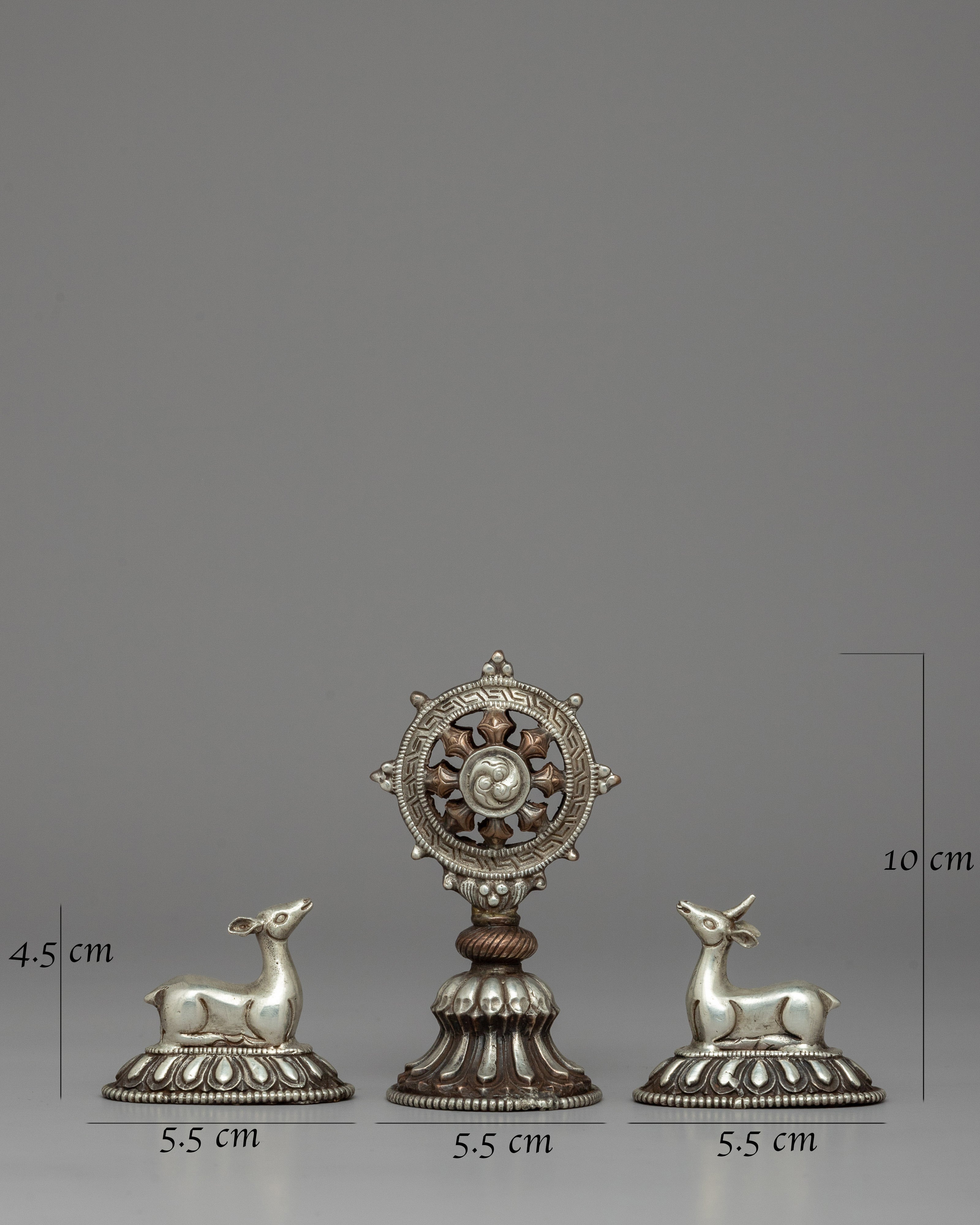 Silver-Plated Buddhist Dharma Wheel & Deer Set | Sacred Buddhist Symbol
