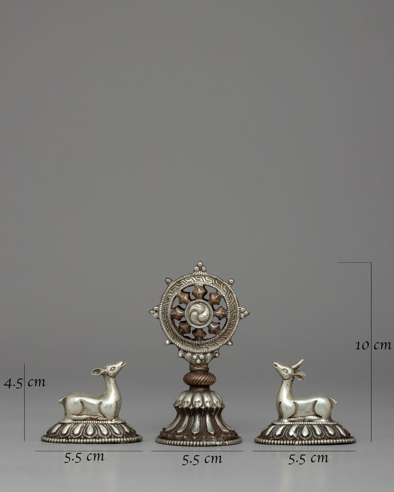 Silver-Plated Buddhist Dharma Wheel & Deer Set | Sacred Buddhist Symbol