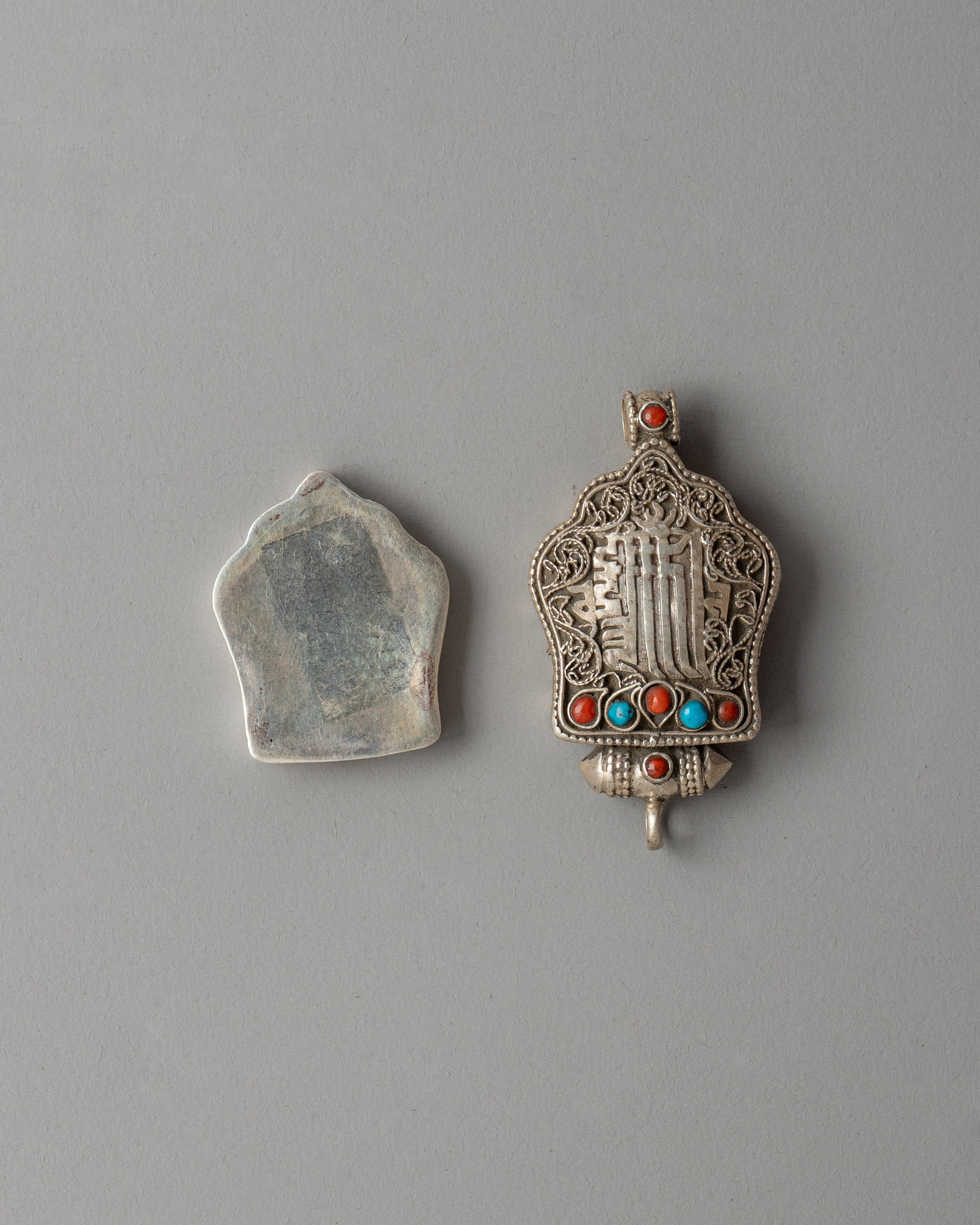 Kalachakra Mantra Ghau Prayer Box Locket | Silver Prayer Box with Coral and Turquoise