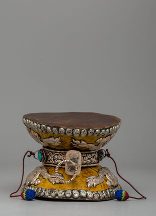 Ritual Drum with White Metal, Coral & Turquoise | Buddhist damaru