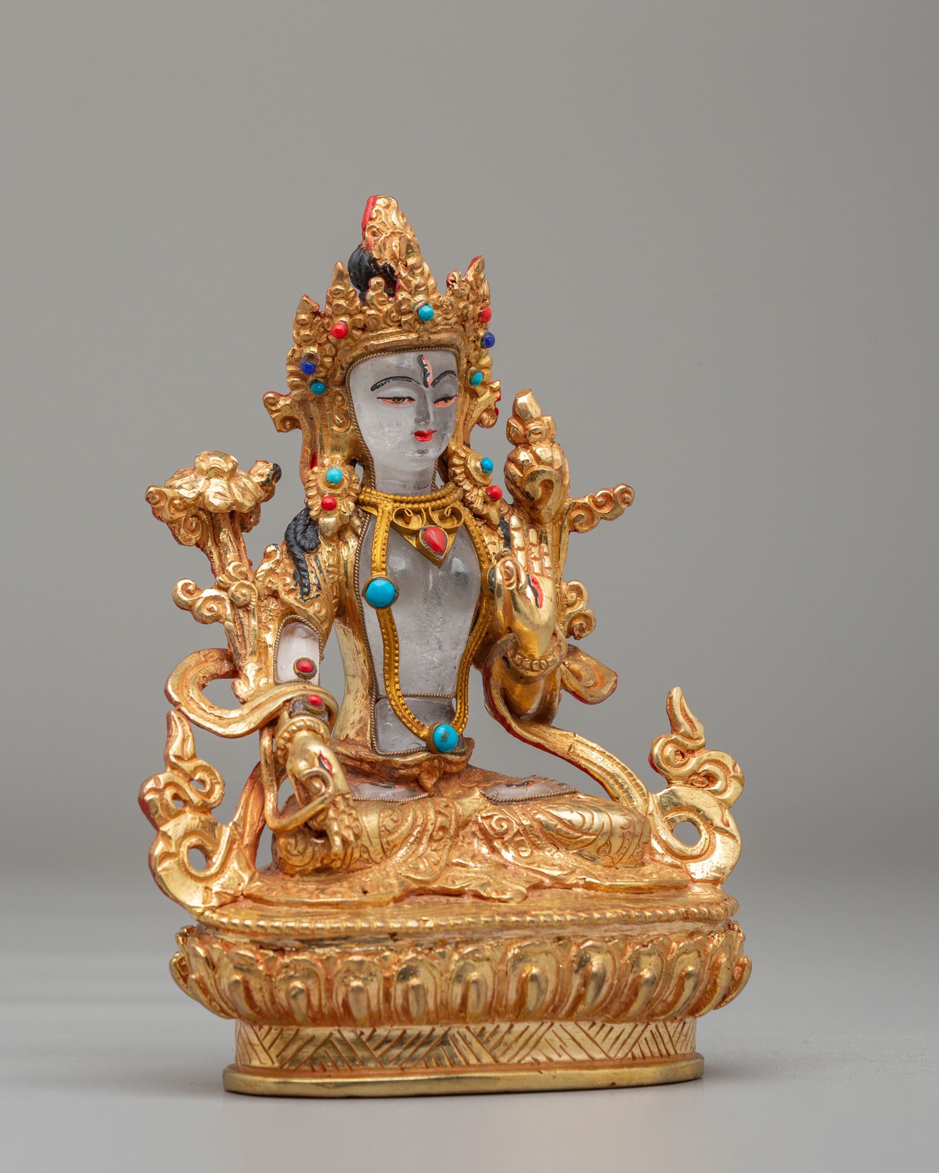 White Tara Spiritual Sculpture | Copper Buddhist Statue with Gemstone Details