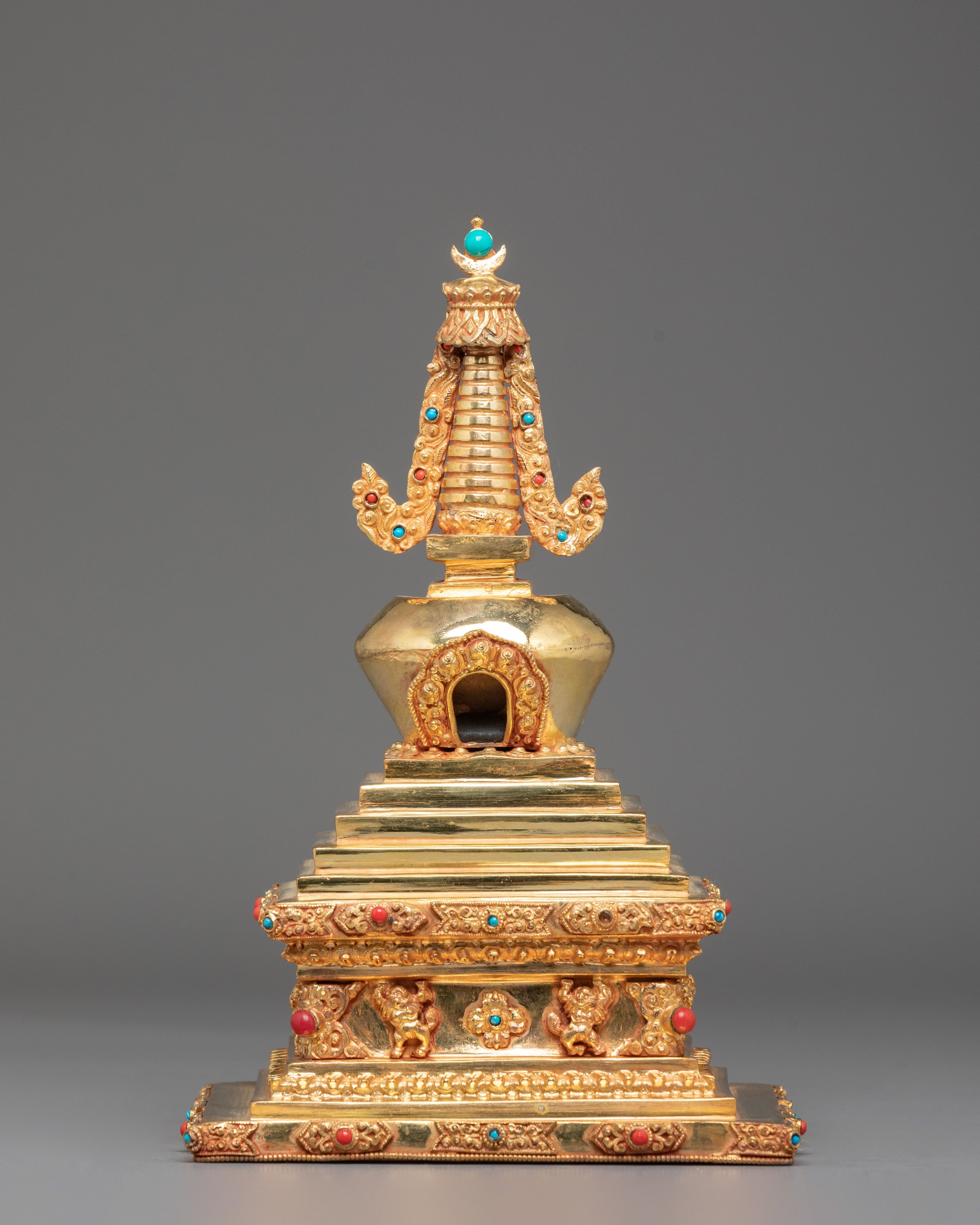 Copper Gold Plated Tibetan Stupa | Sacred Buddhist Shrine Decor