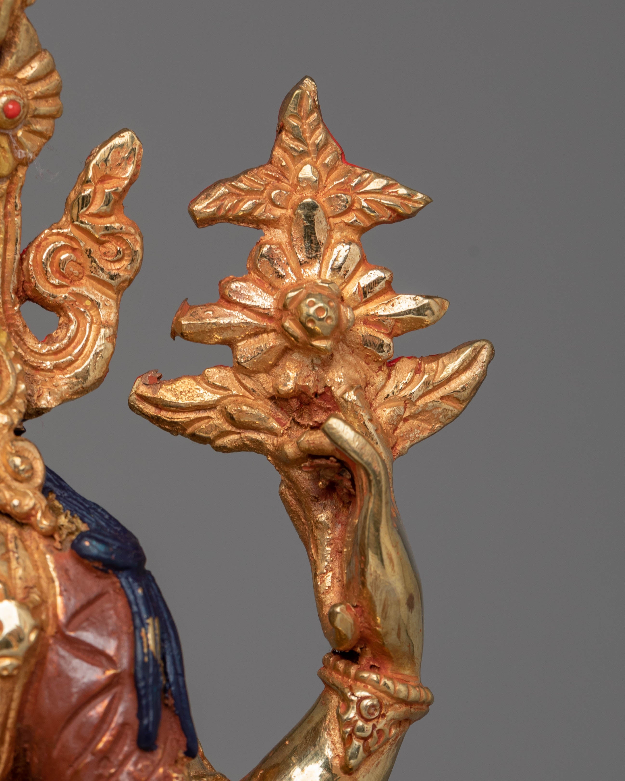 Handcrafted Tibetan Chenrezig Sculpture | Gold-Plated with Coral & Turquoise