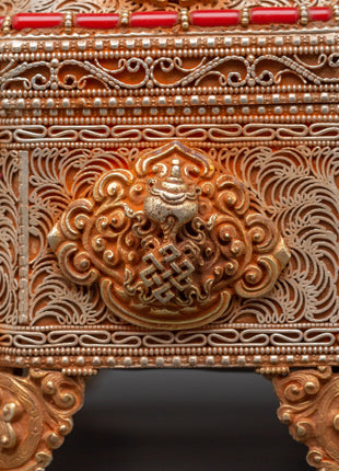 Tibetan Decorative Treasure Box | Buddhist Treasure Box with Turquoise & Coral Inlays