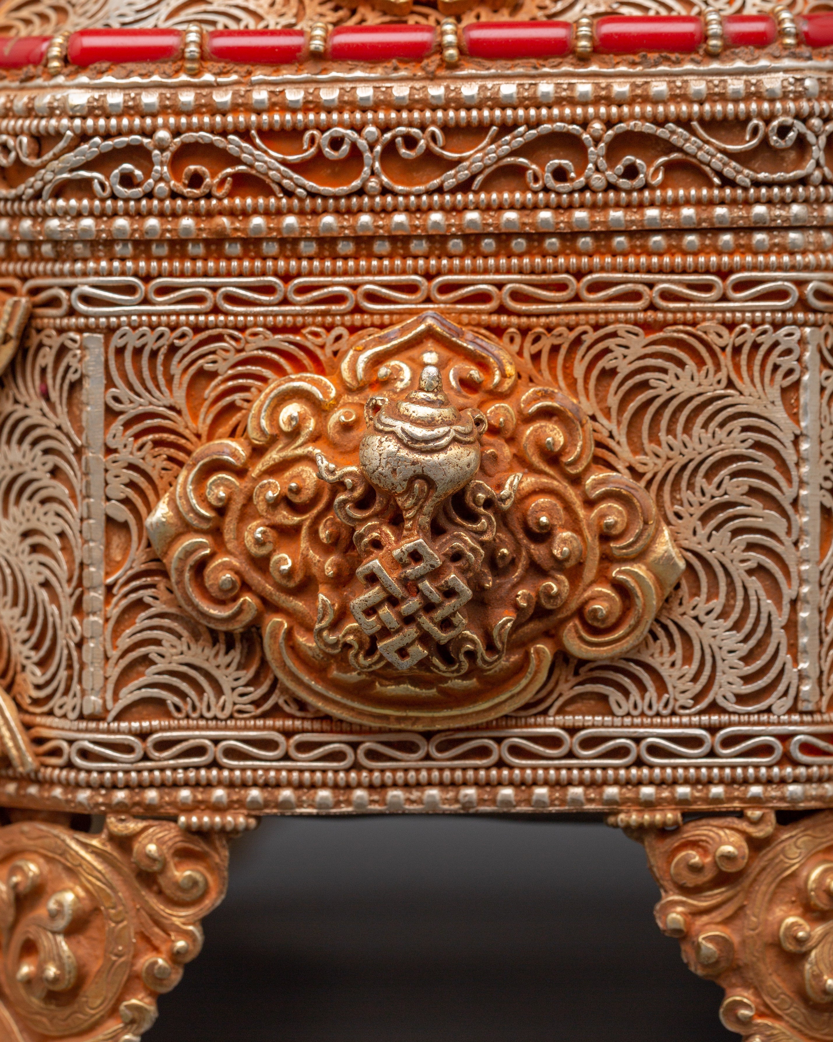 Tibetan Decorative Treasure Box | Buddhist Treasure Box with Turquoise & Coral Inlays