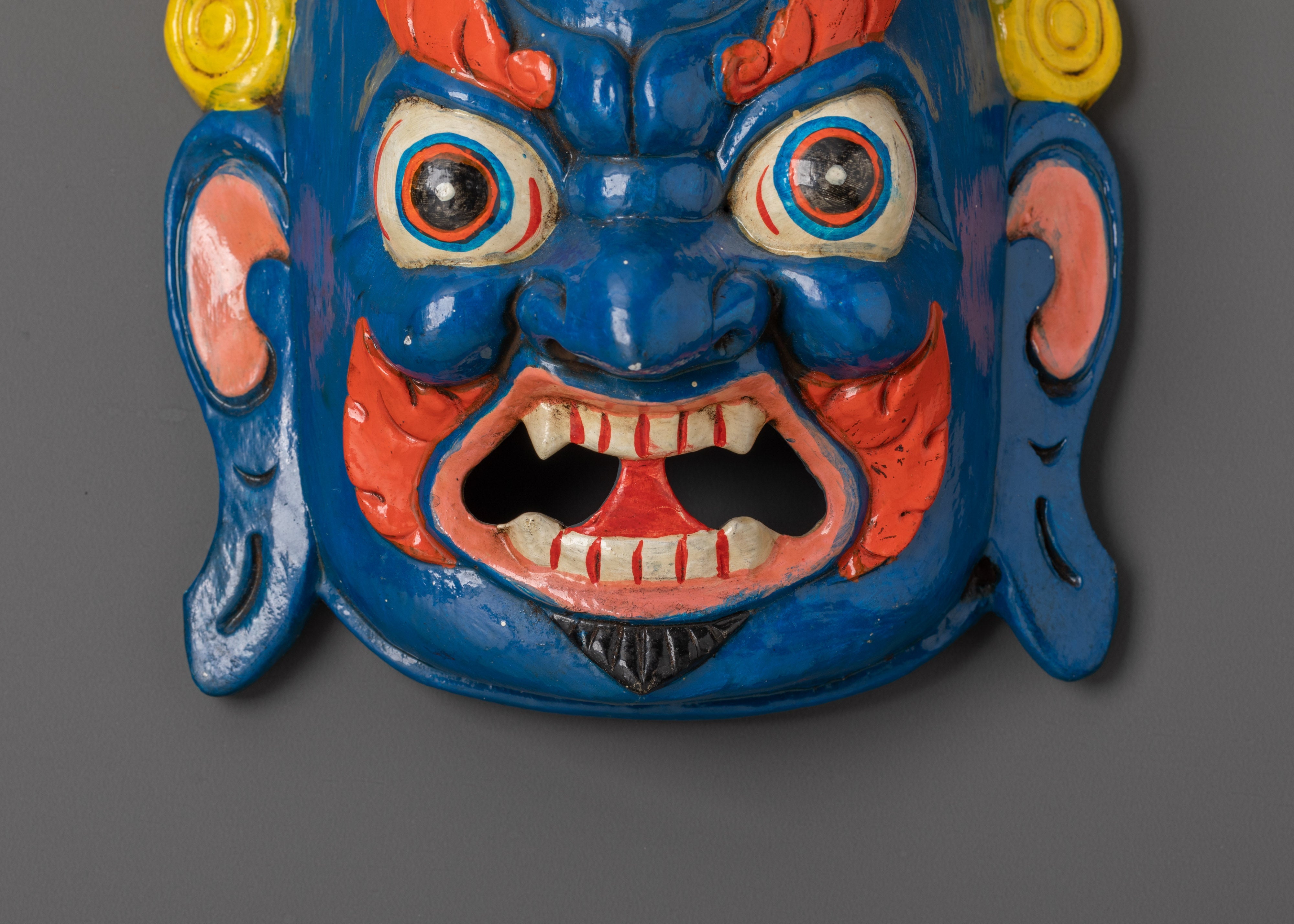 Handcrafted Tibetan Deity Wall Mask | Buddhist Blue Wrathful Guardian Art