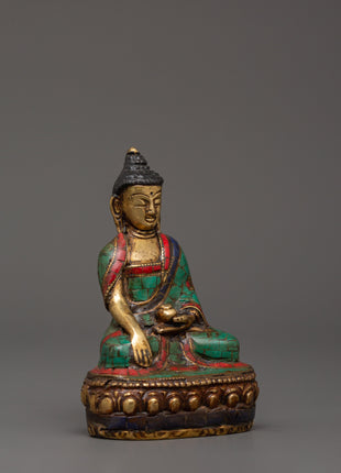 Beautiful Shakyamuni Buddha | Brass with Turquoise & Coral Inlay