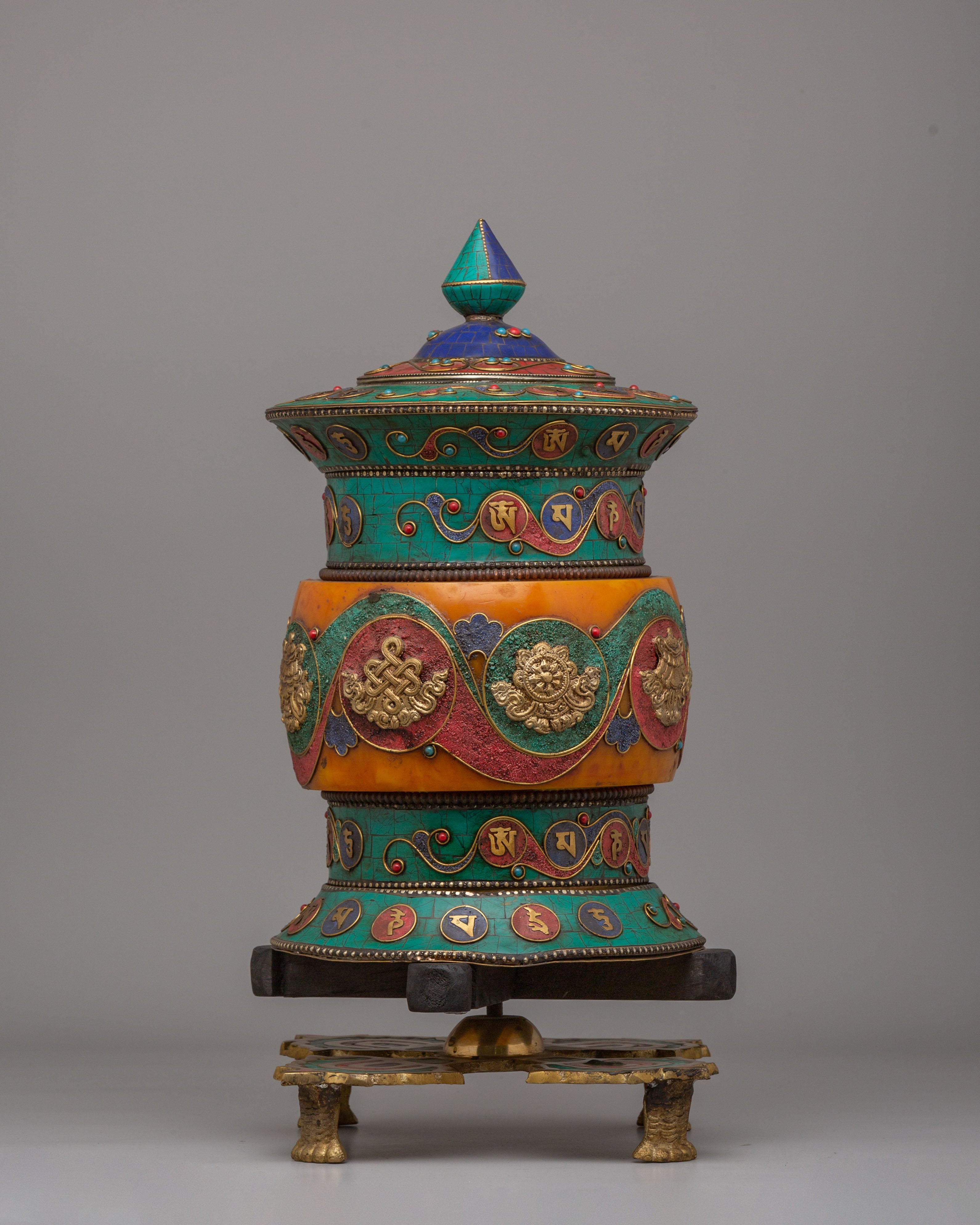 Auspicious Symbol Prayer Wheel | Handcrafted Tibetan Buddhist Ritual Object