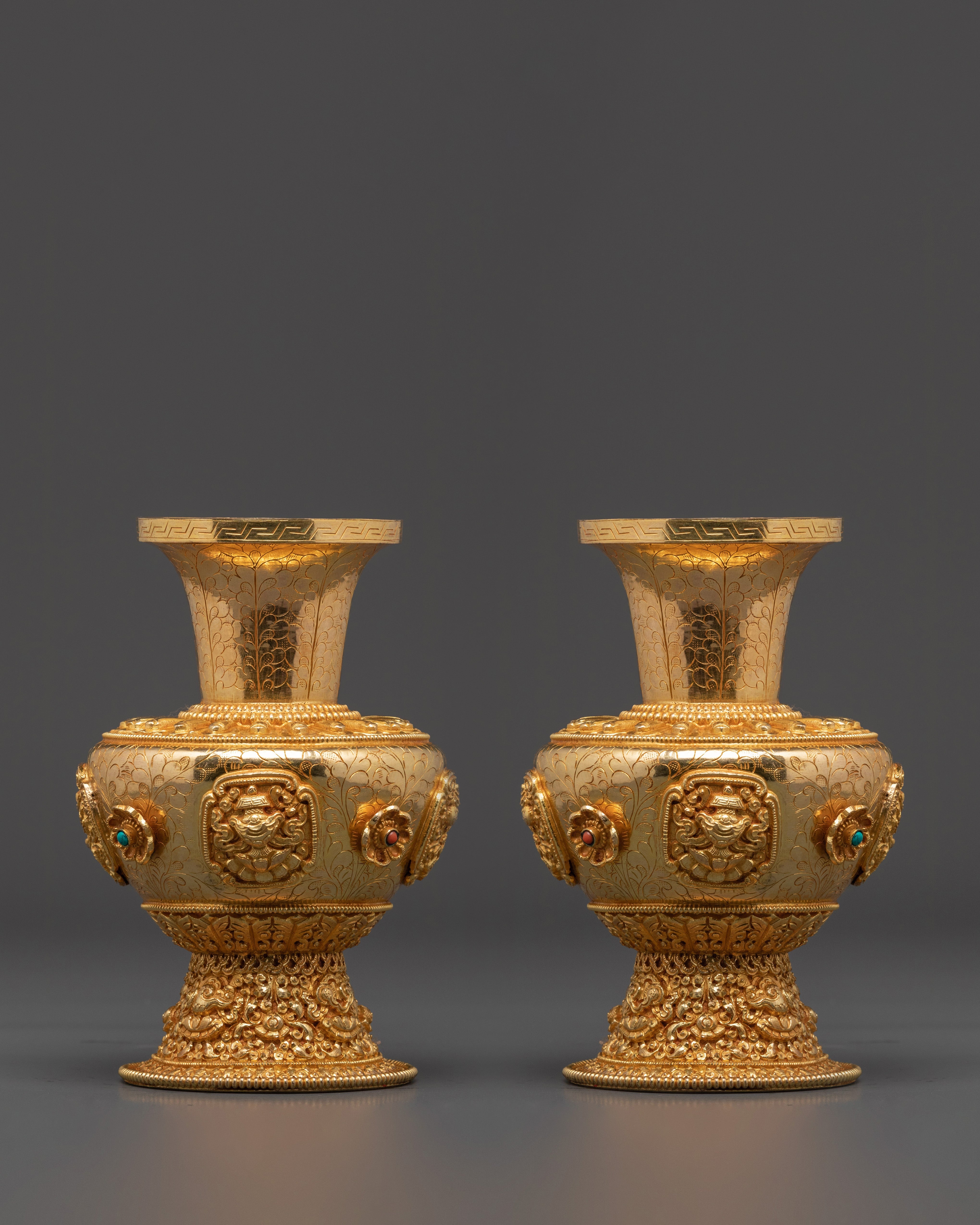 Handcrafted Copper Vase | Tibetan Vase with Coral & Turquoise for Altar