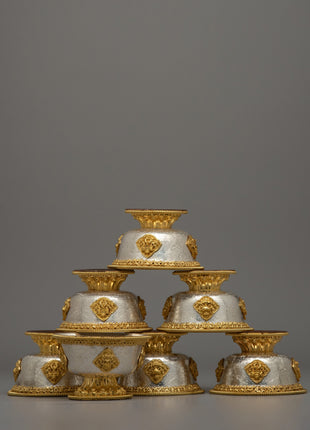 Handcrafted Silver Body and Gold-Plated Offering Bowls | Sacred Buddhist Decor Item