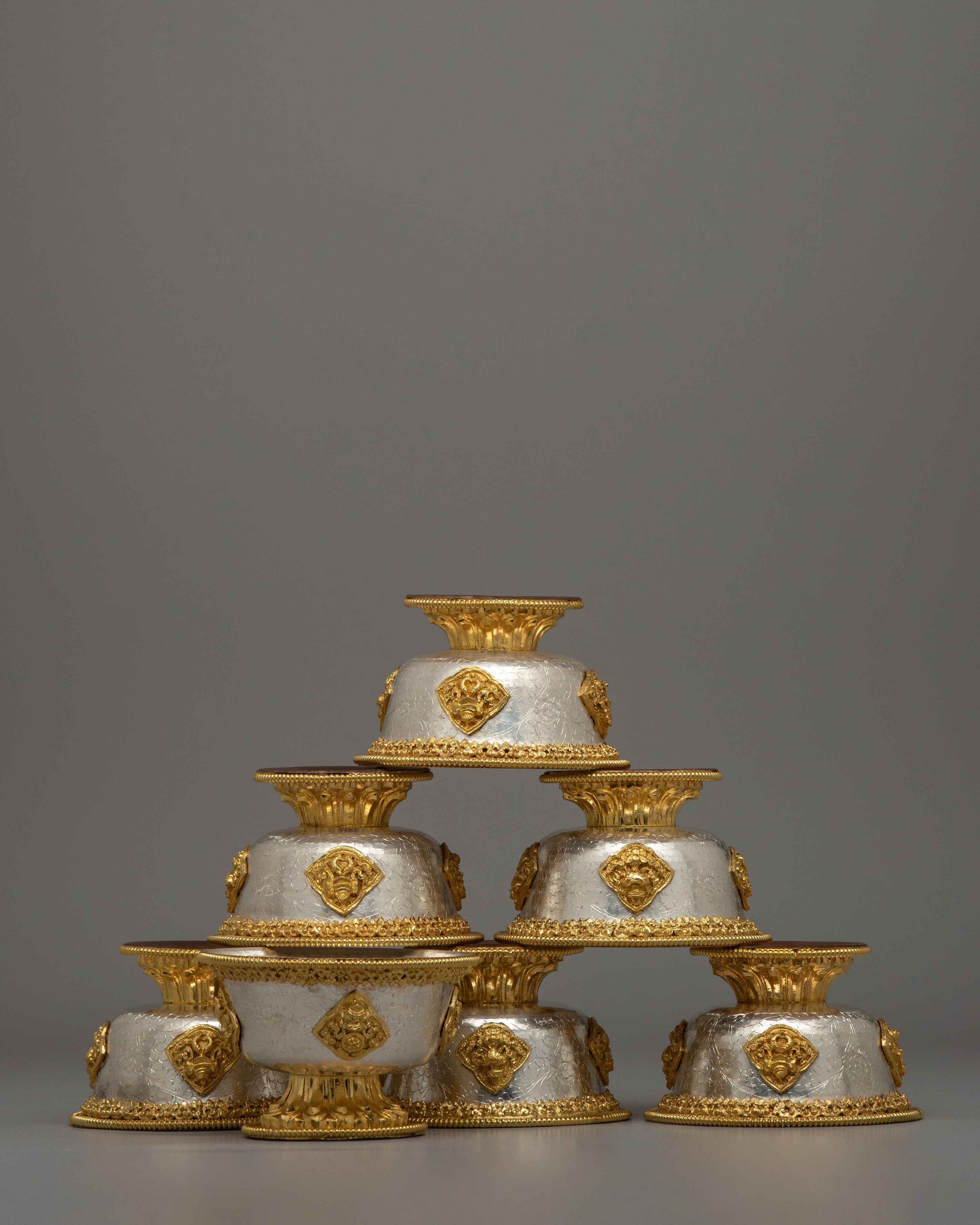 Handcrafted Silver Body and Gold-Plated Offering Bowls | Sacred Buddhist Decor Item