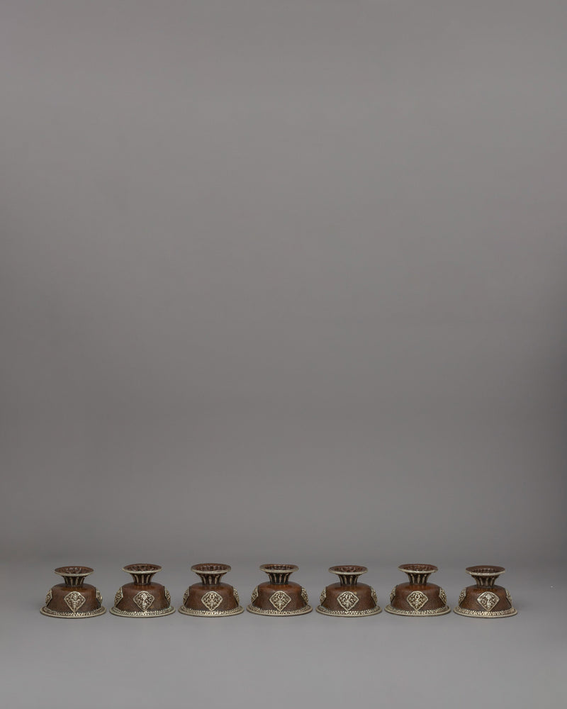 Seven Tibetan Offering Bowls | Beautiful Motifs for Rituals & Ceremonies