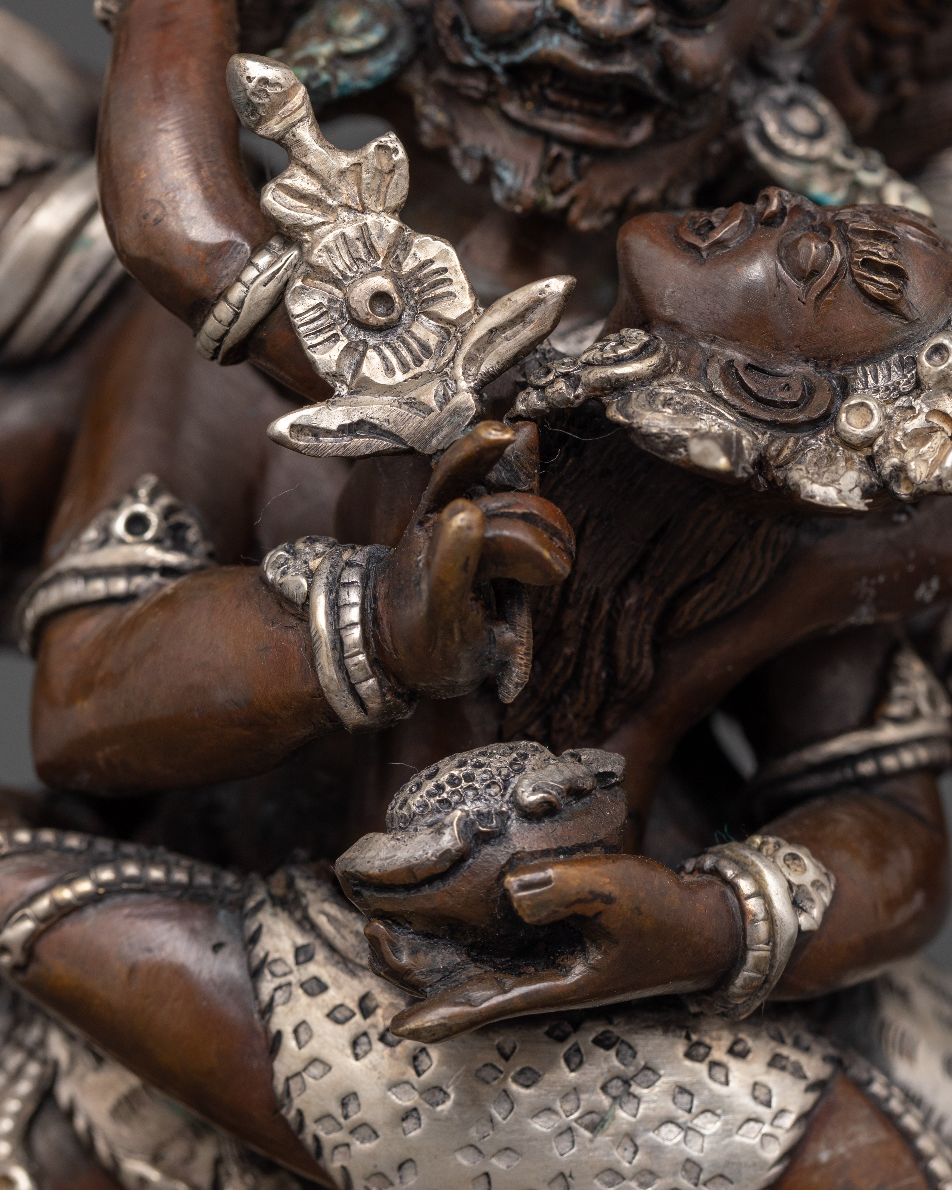 Sacred Hayagriva Statue with Consort | Oxidized Copper and Silver-Plated Sculpture