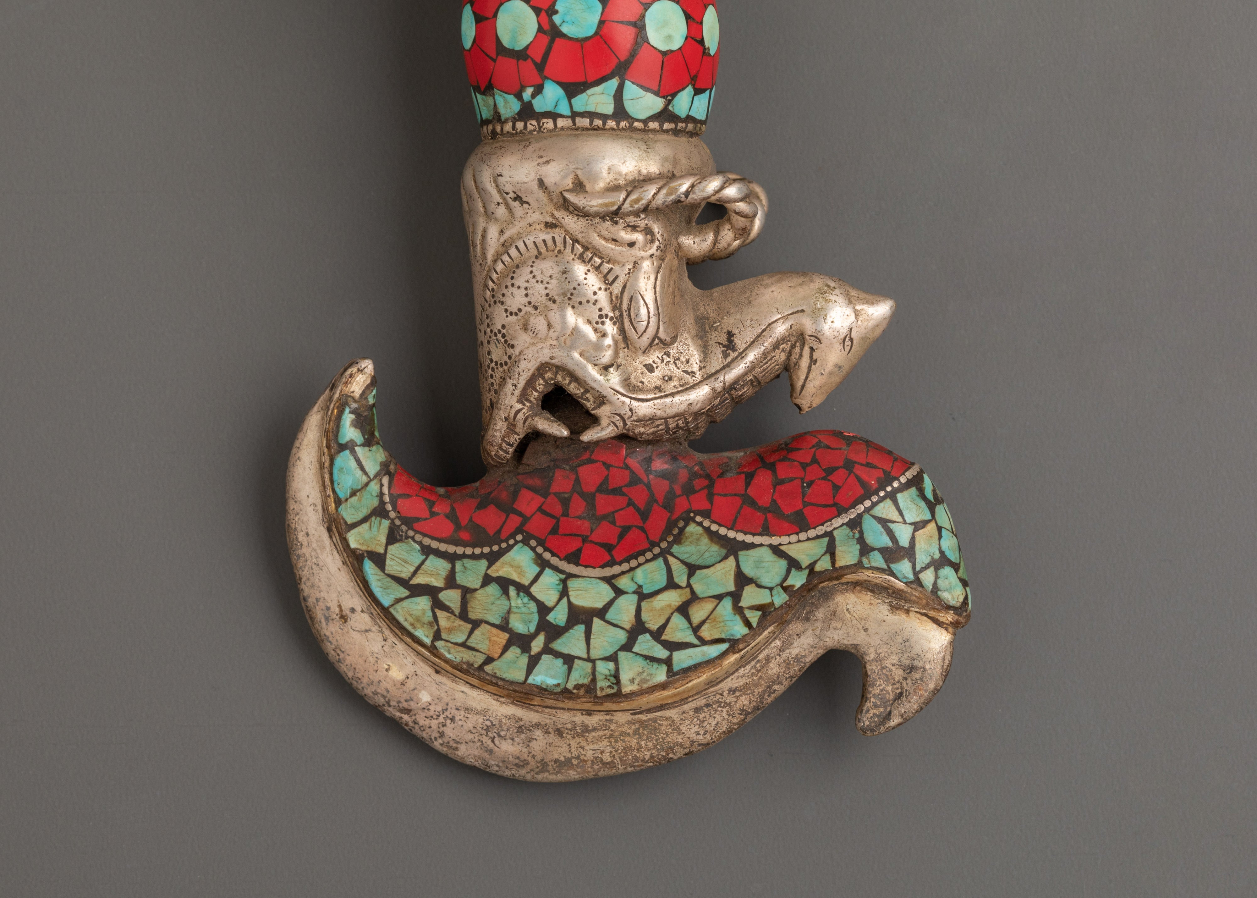 Tibetan Kartika Flaying Knife | Brass & Silver Plated Ritual Knife with Coral and Turquoise