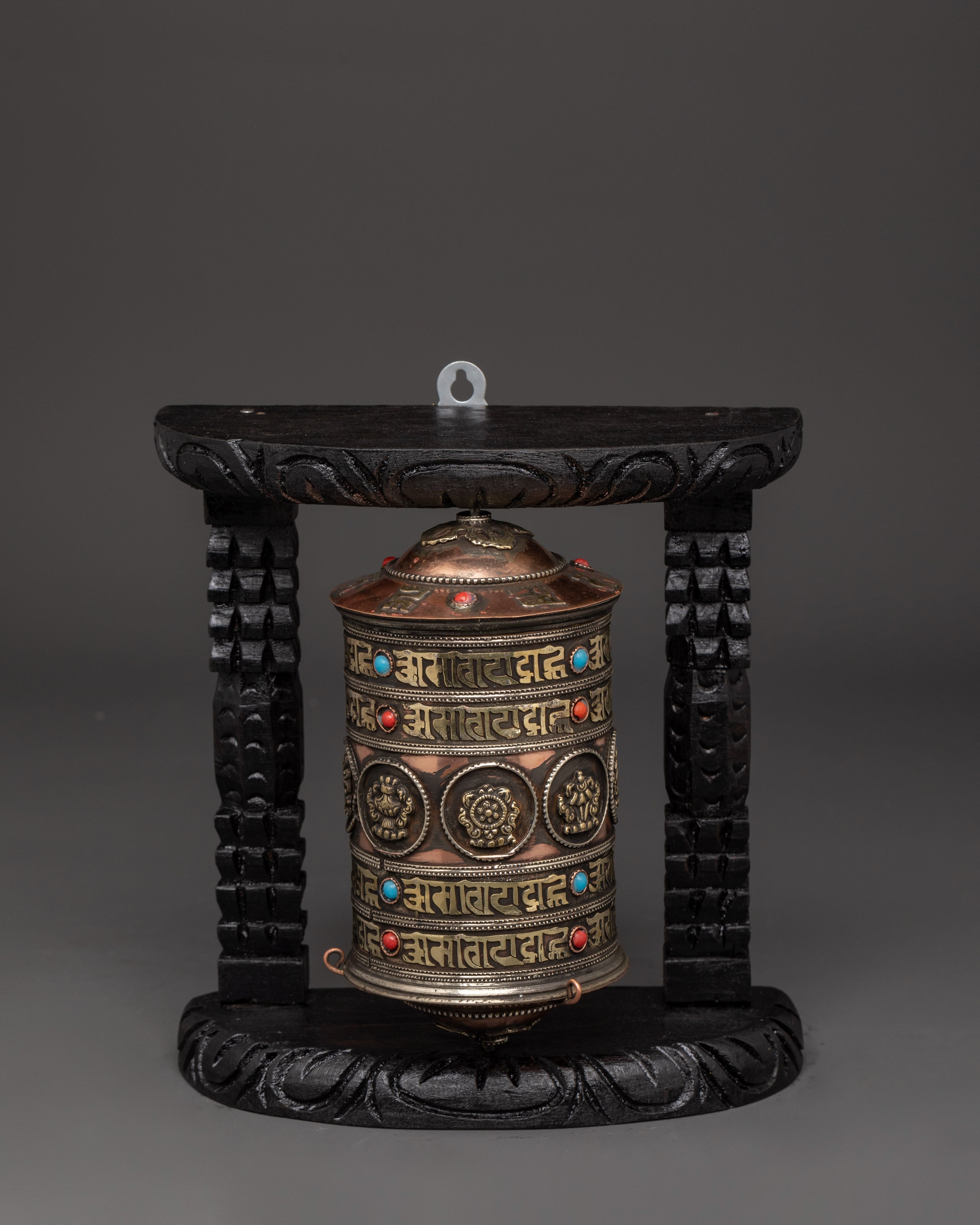 Prayer Wheel Featuring Buddhist Auspicious Symbols | Handcarved Wooden Frame