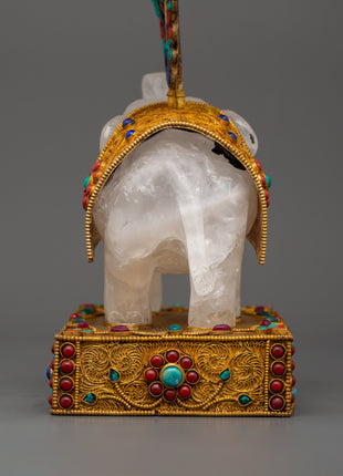 Shakyamuni Buddha on Crystal Elephant | Lapis & Coral Inlaid Gold Statue