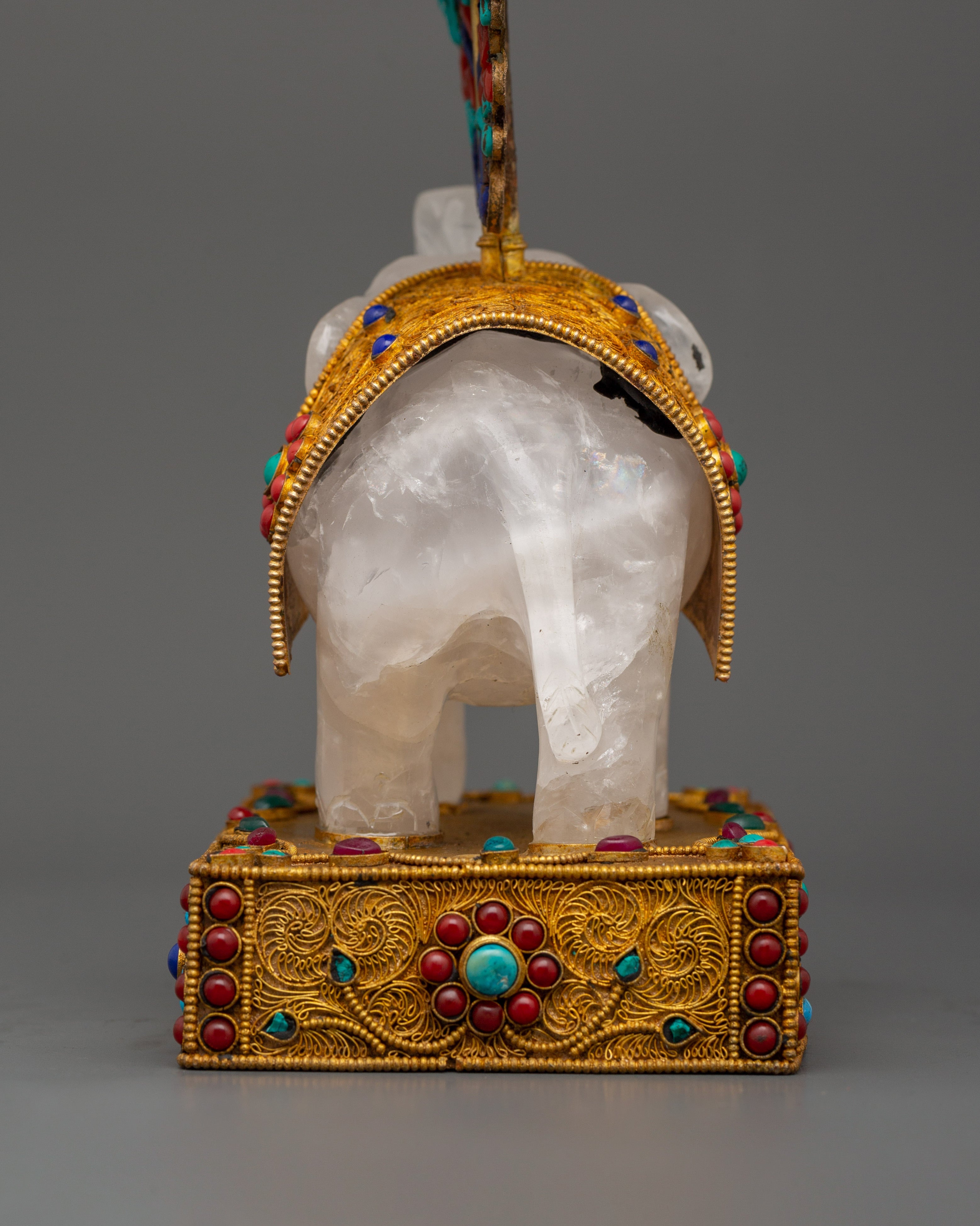 Shakyamuni Buddha on Crystal Elephant | Lapis & Coral Inlaid Gold Statue