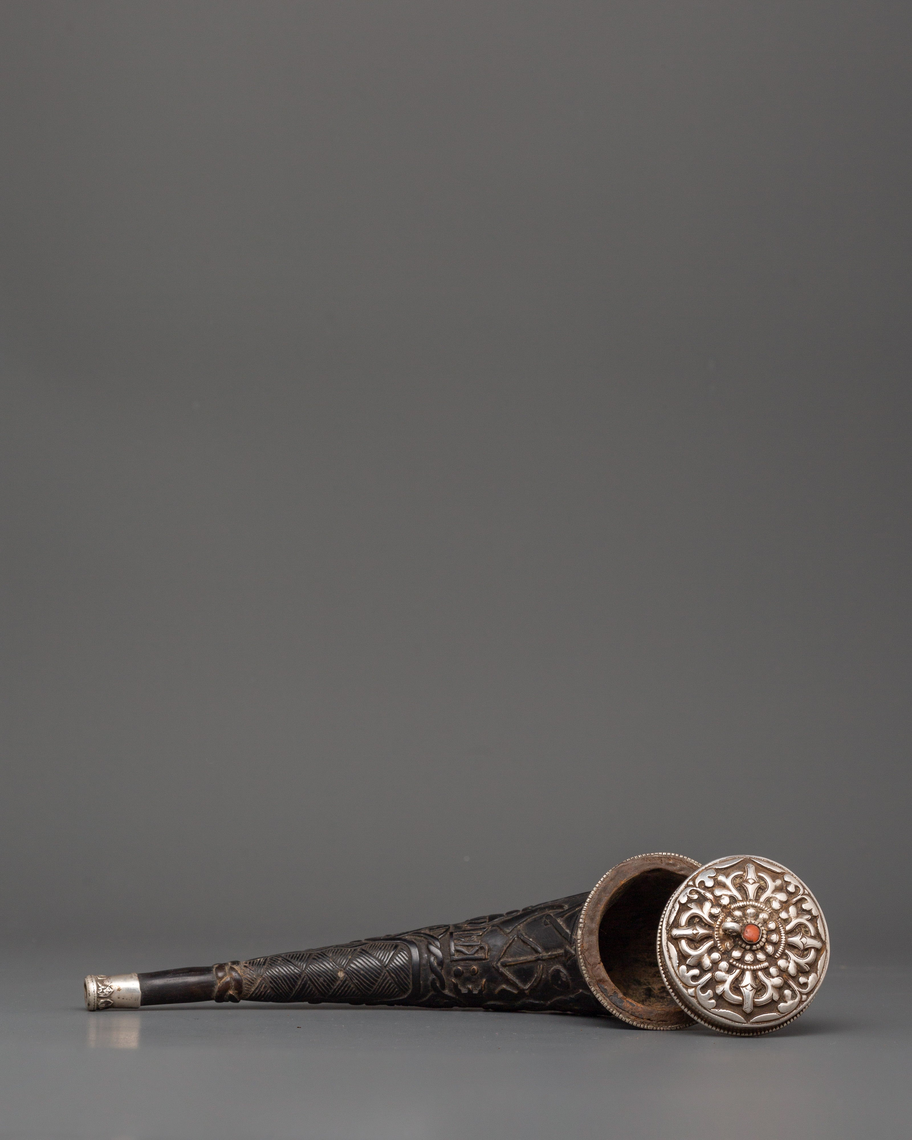 Tibetan Snuff Horn with Pure Silver and Coral | Ethically Sourced Yak Horn Snuff Box