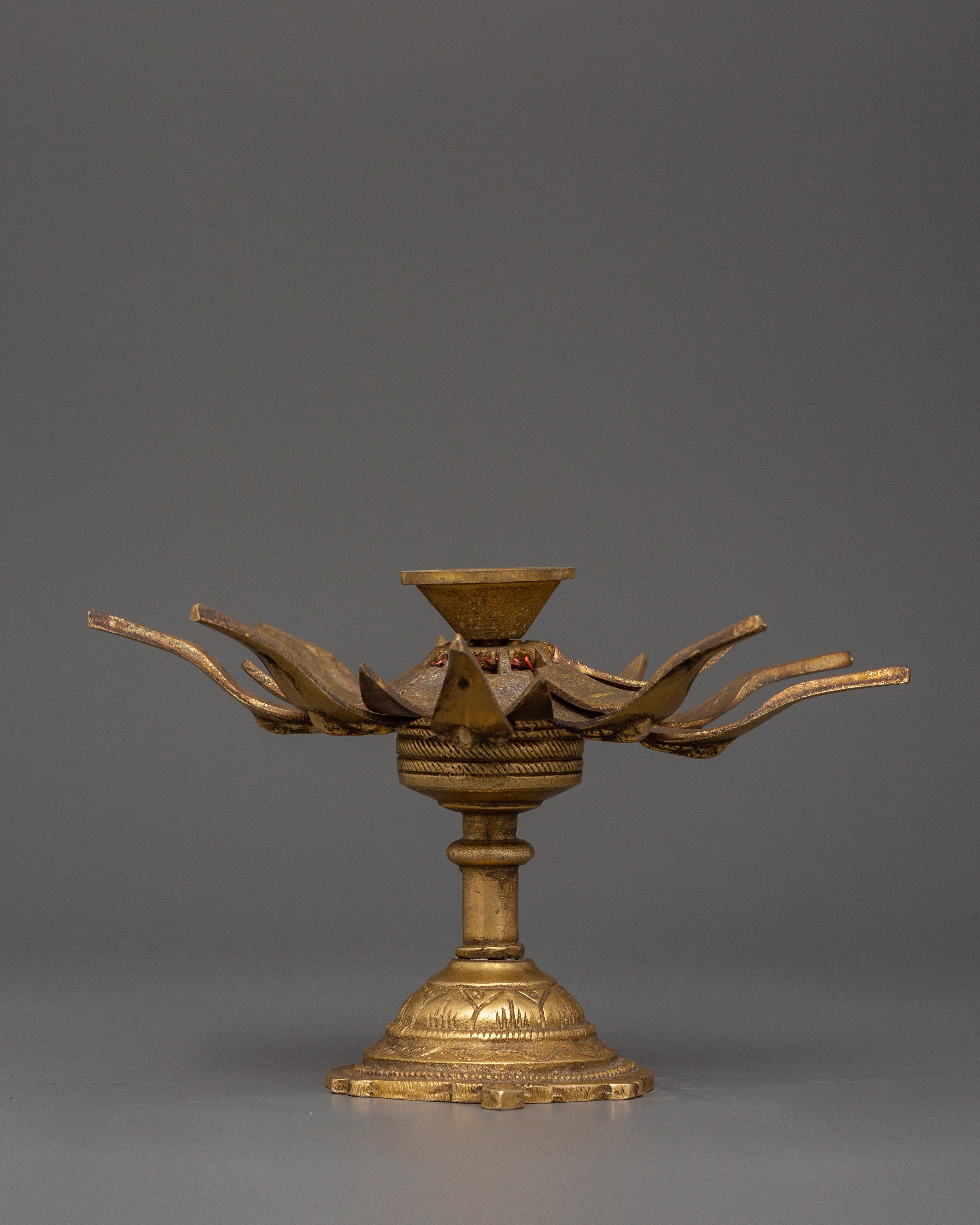 Traditional Brass Lotus Flower Oil Lamp | Ganesha Motif Hindu Diya for Puja