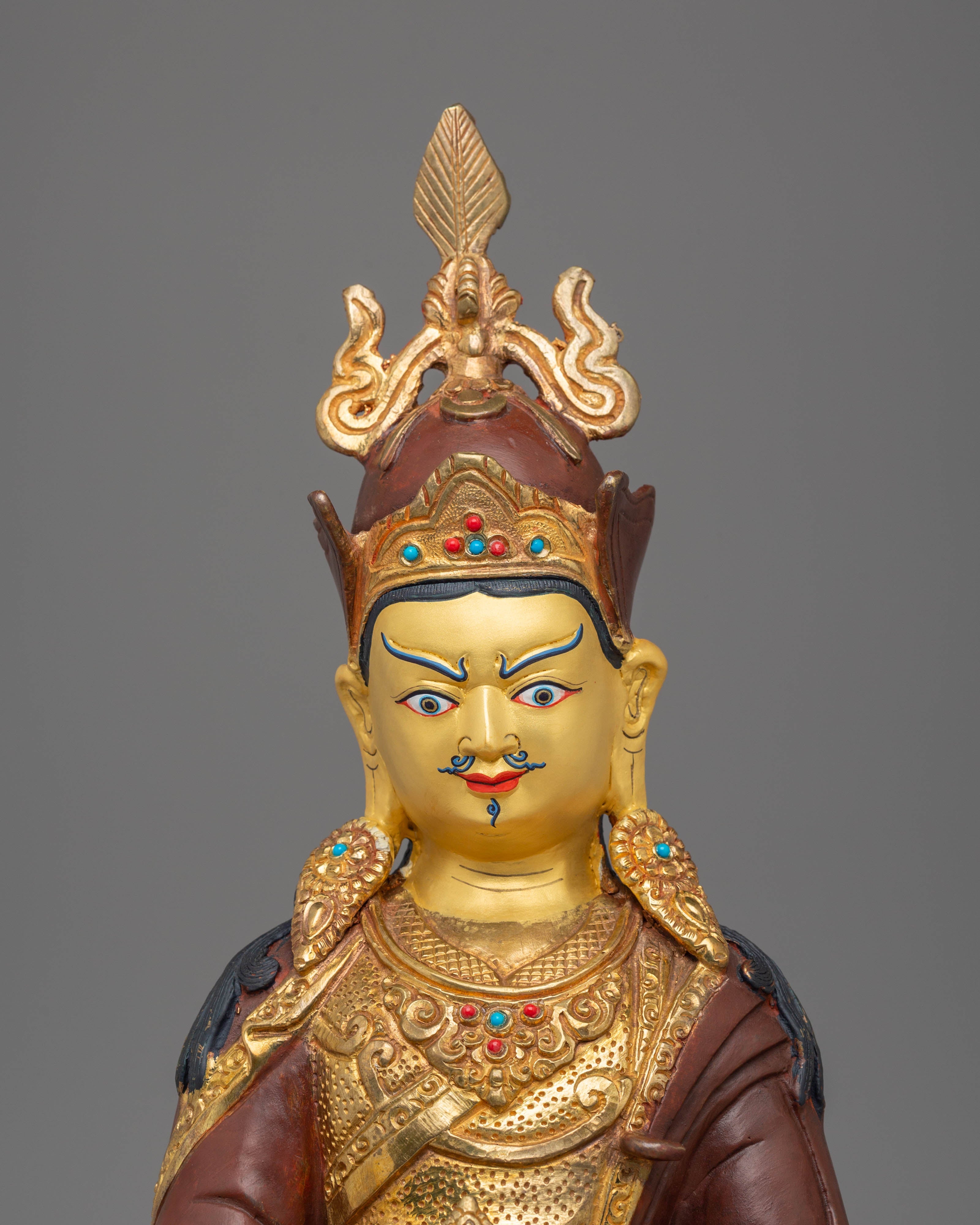 Padmasambhava Himalayan Statue | Copper, Gold-Plated with Coral & Turquoise Accents