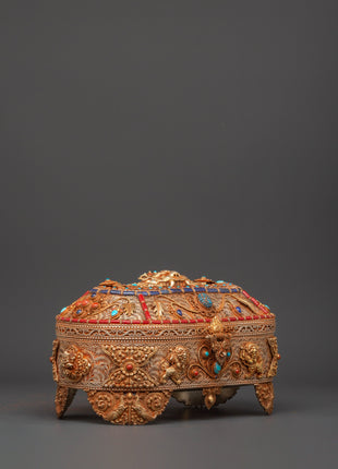 Gold-Plated Copper Tibetan Treasure Box | Coral & Turquoise Stones Inlaid Handcrafted Box