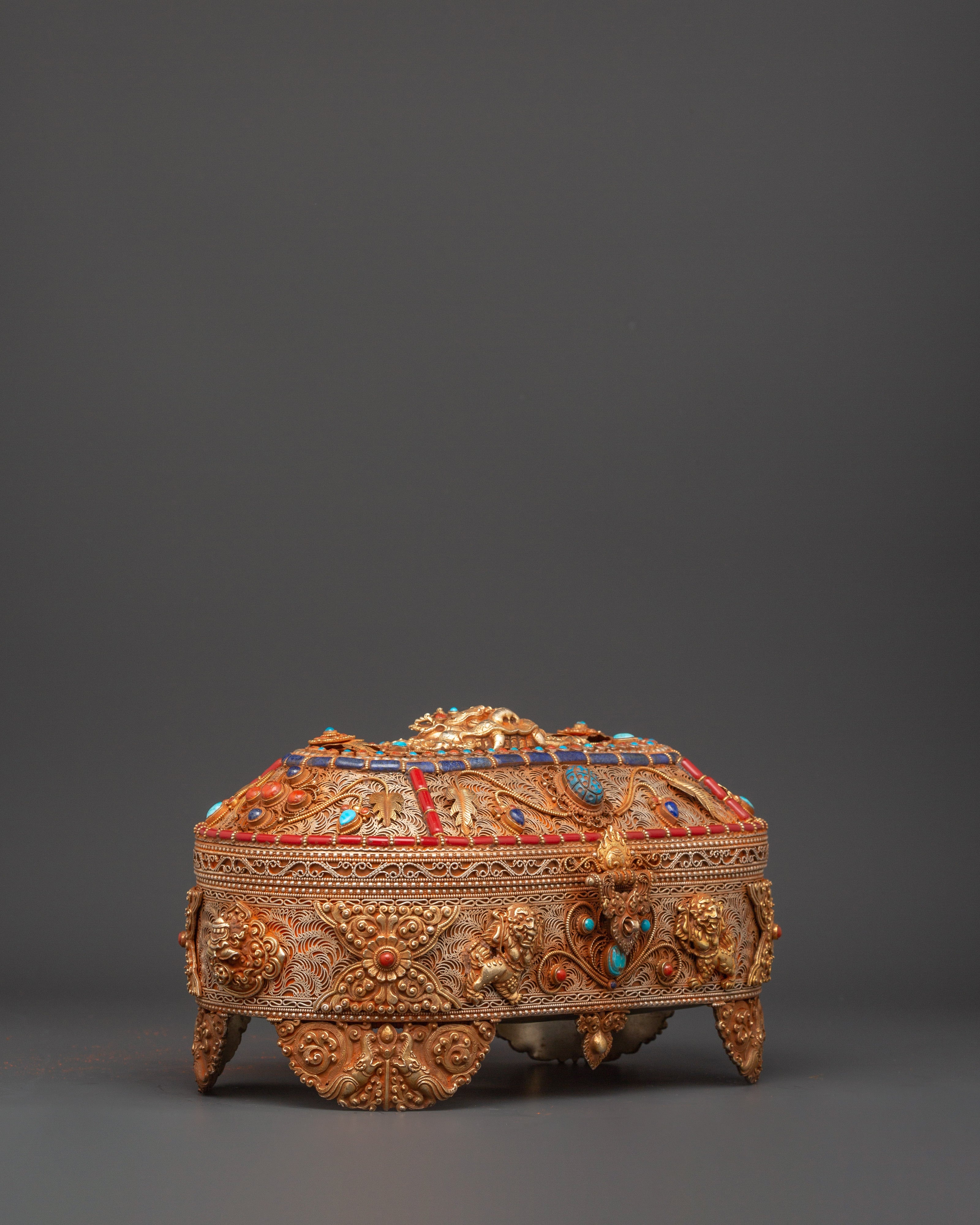 Gold-Plated Copper Tibetan Treasure Box | Coral & Turquoise Stones Inlaid Handcrafted Box