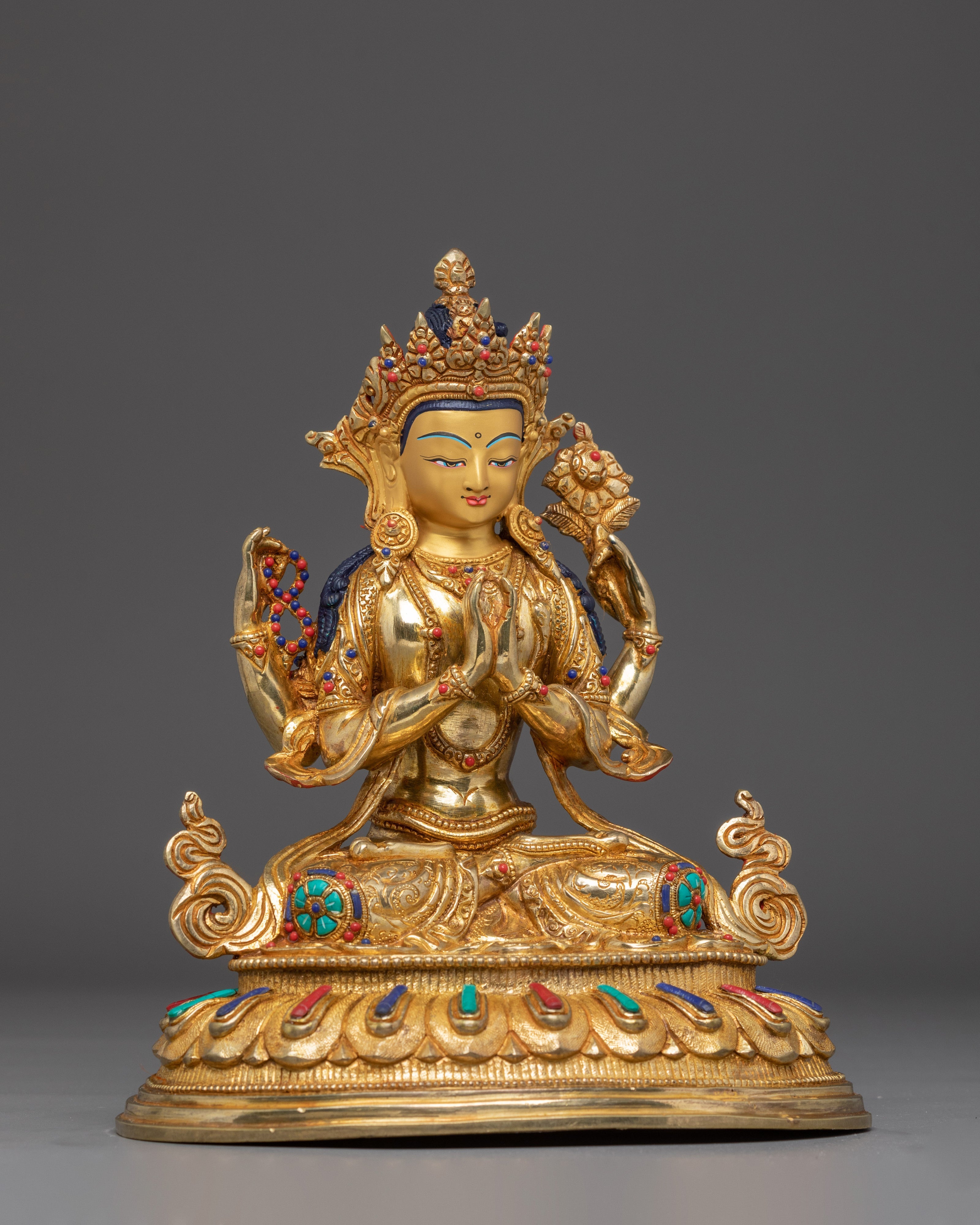 Gold Plated Buddhist Chenrezig Sculpture | Copper Sculpture with Coral & Turquoise