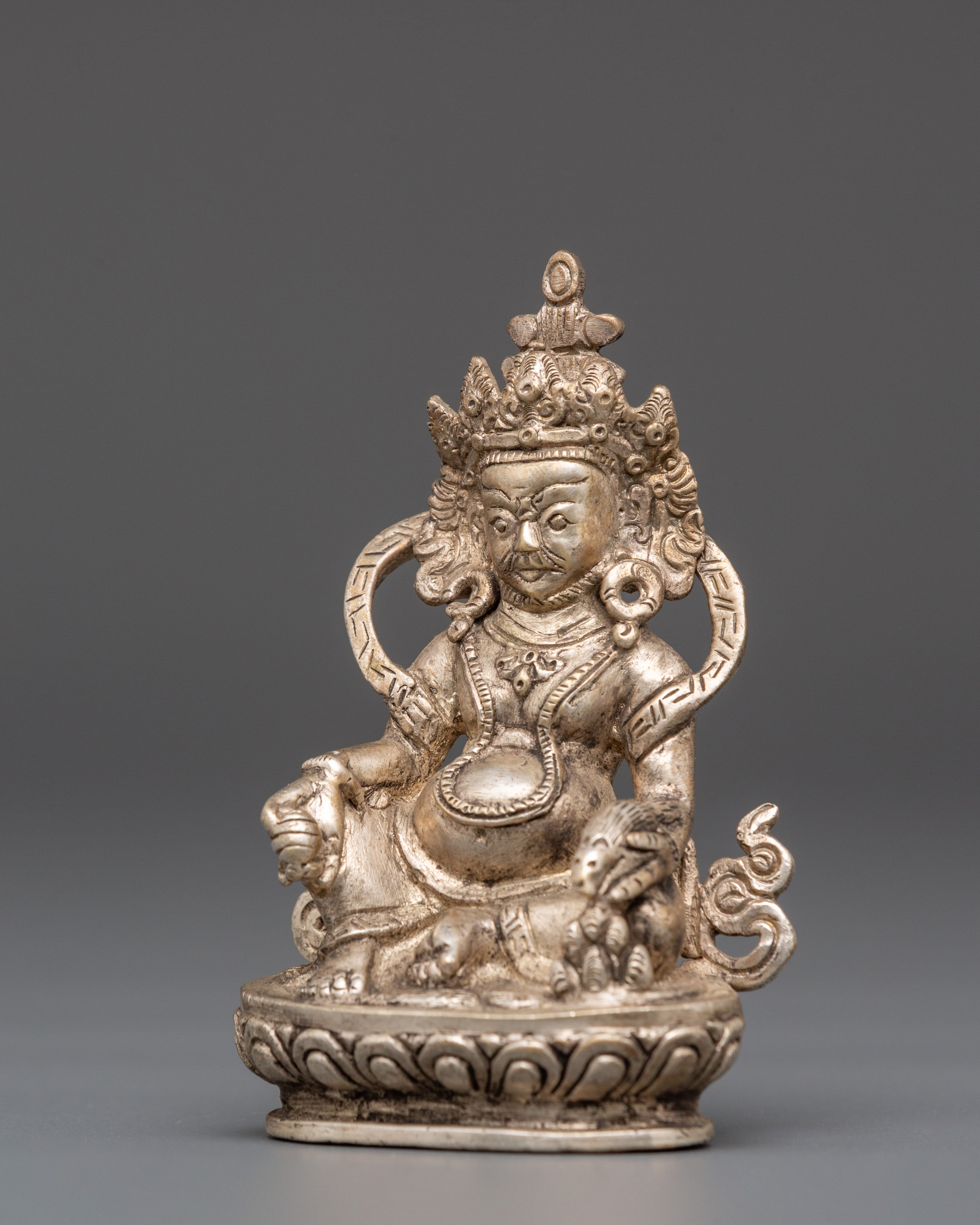 Sacred Statue of Wealth Icon Dzambhala | Silver Plated Copper Buddhist God of Prosperity