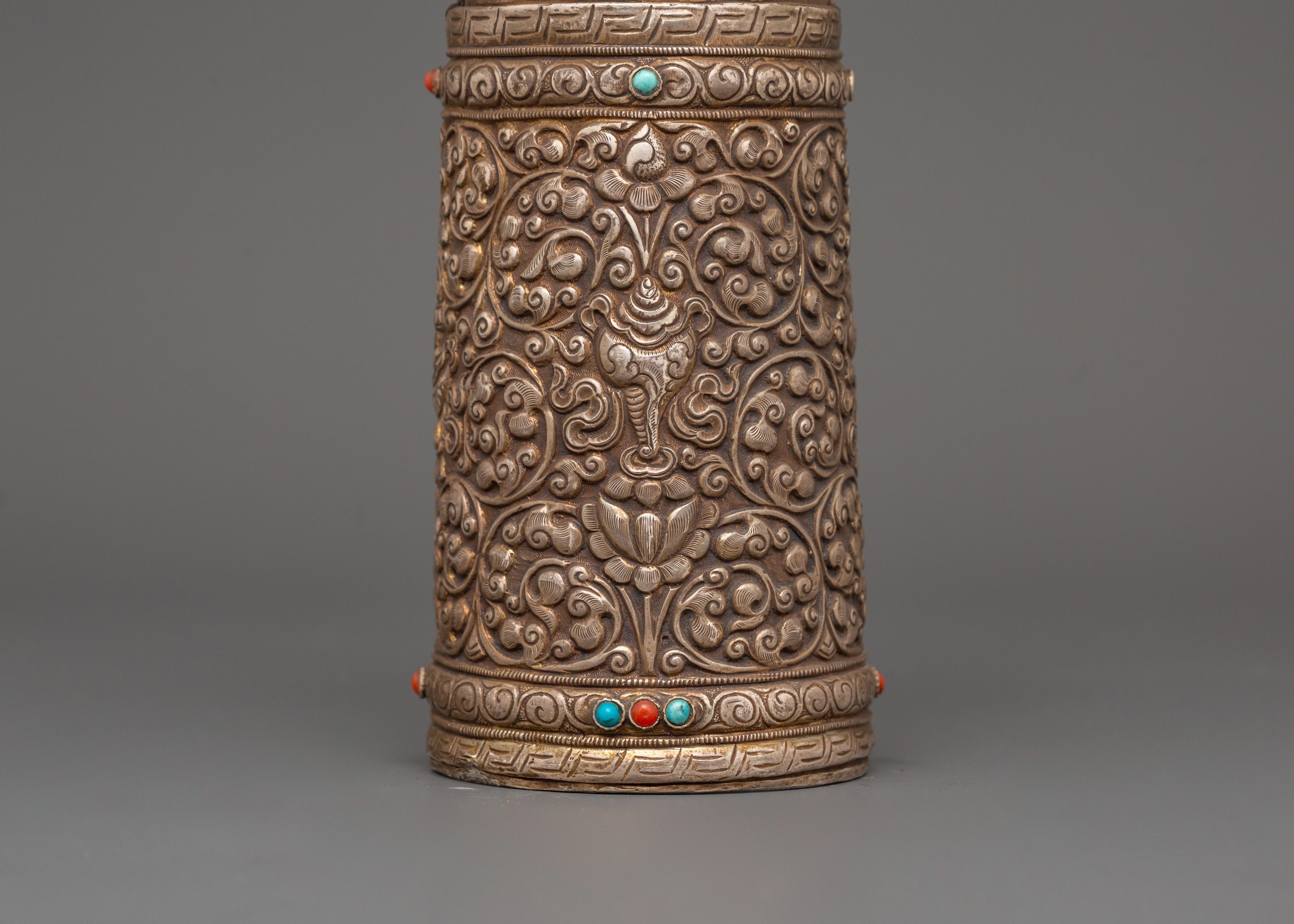 Pure Silver Tibetan Stamp | Handcrafted Ritual Seal with Turquoise & Coral Stone
