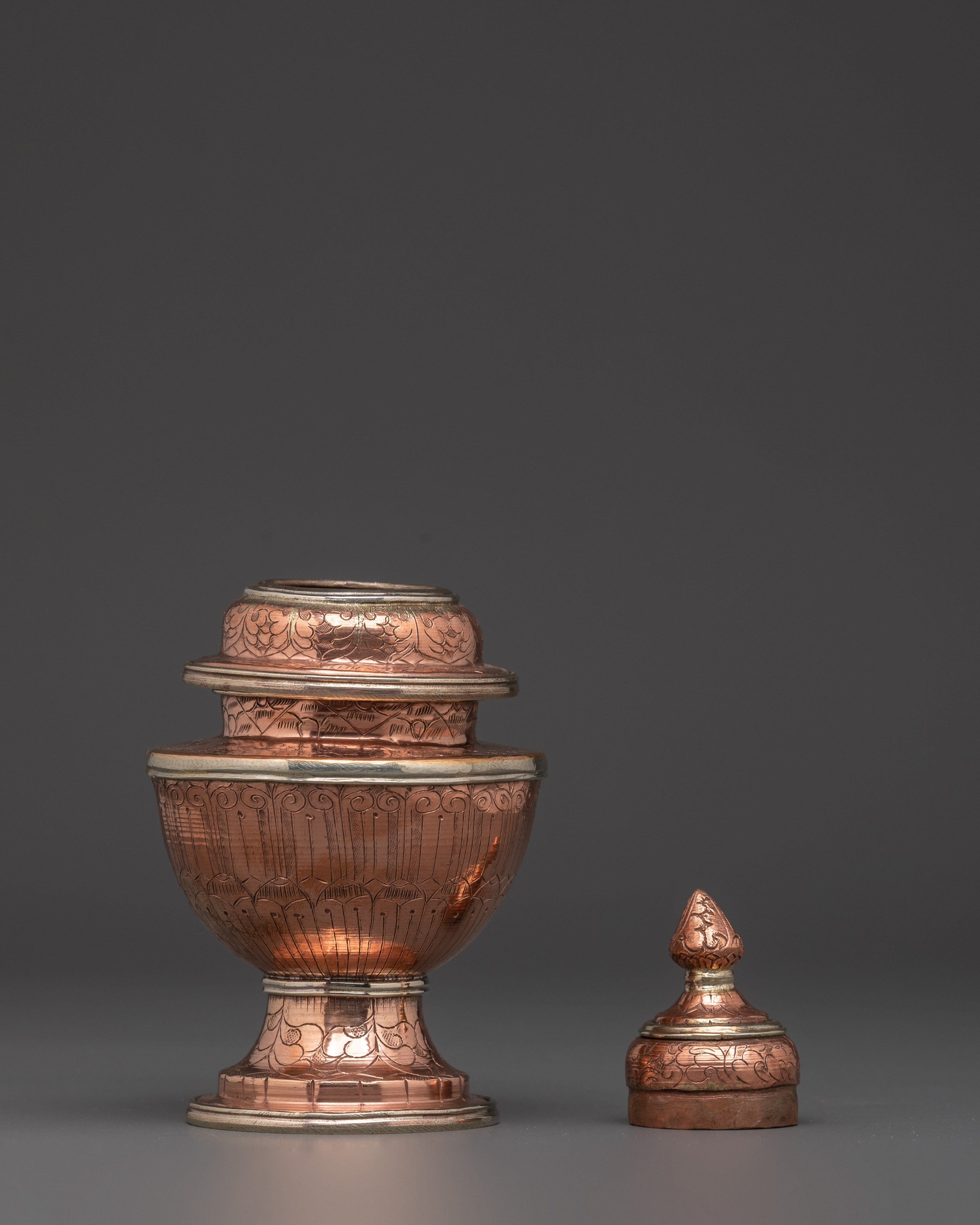 Tibetan Rice Vessel | Handmade Copper Ritual Pot with White Metal Lid