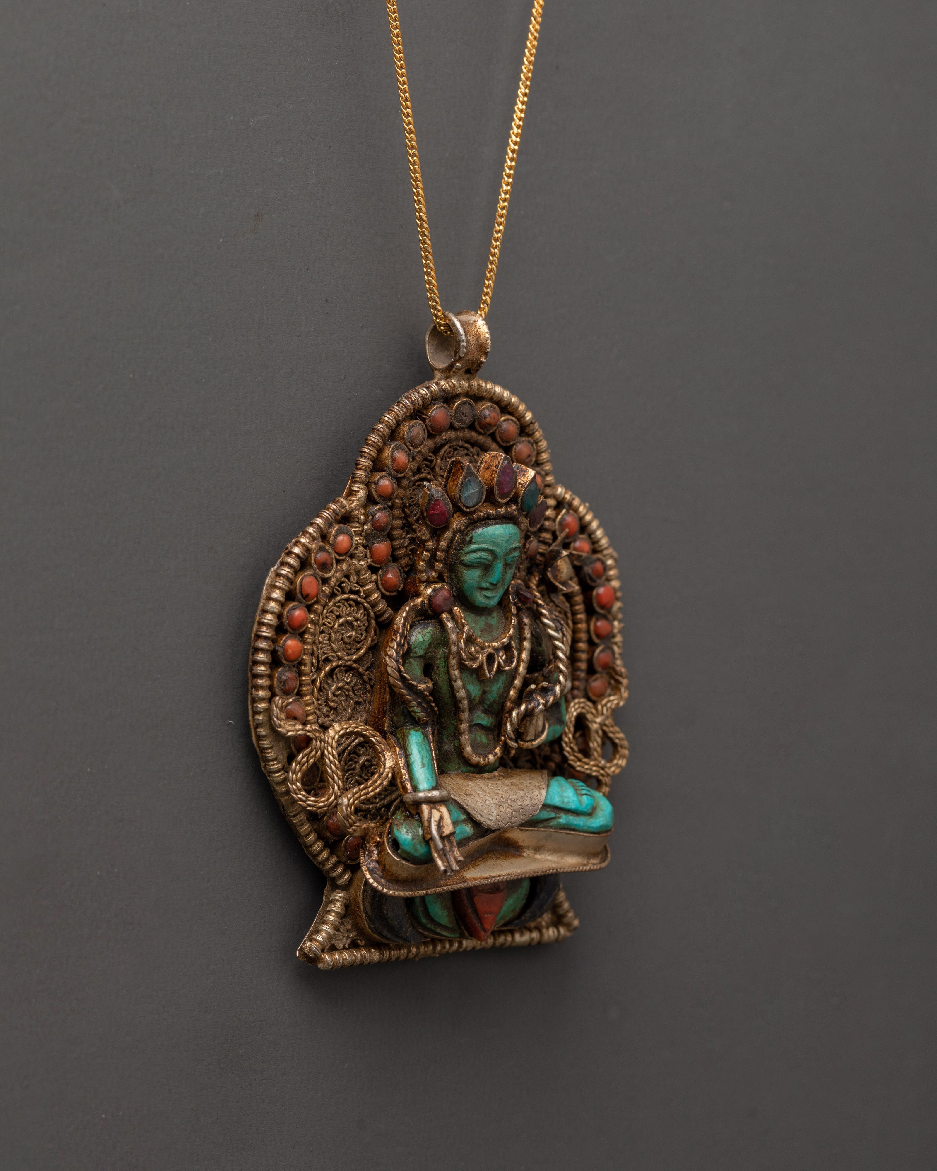 Handcrafted Green Tara Locket Pendant | Tibetan Coral & Turquoise Amulet Necklace