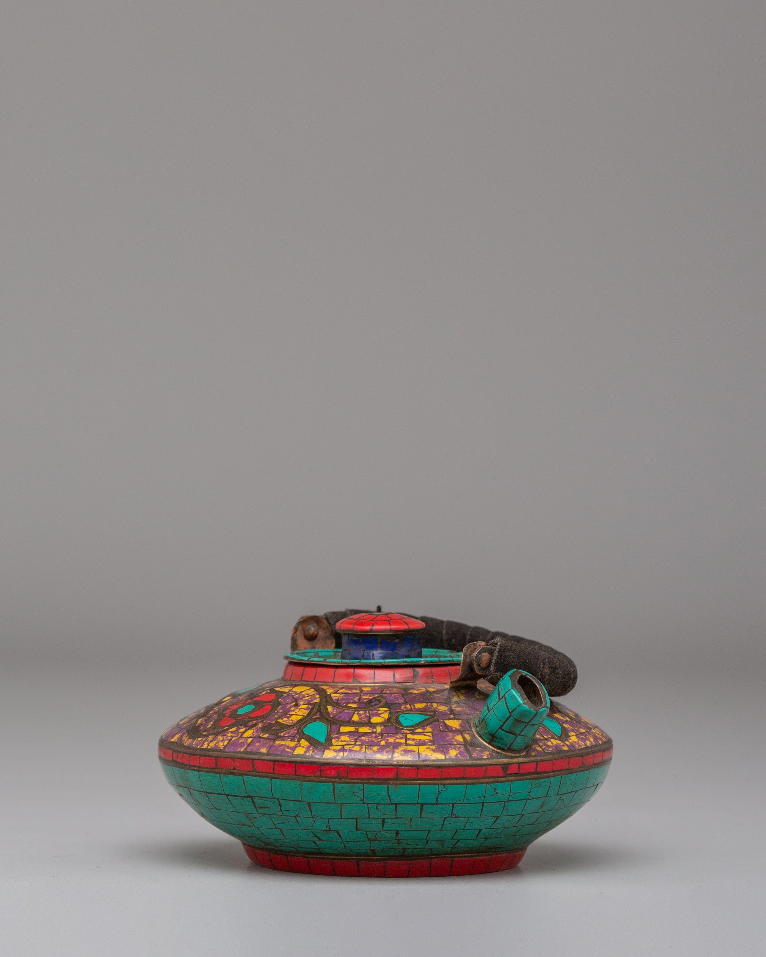 Handmade Buddhist Tea Pot | Copper with Coral, Lapis & Turquoise Stones