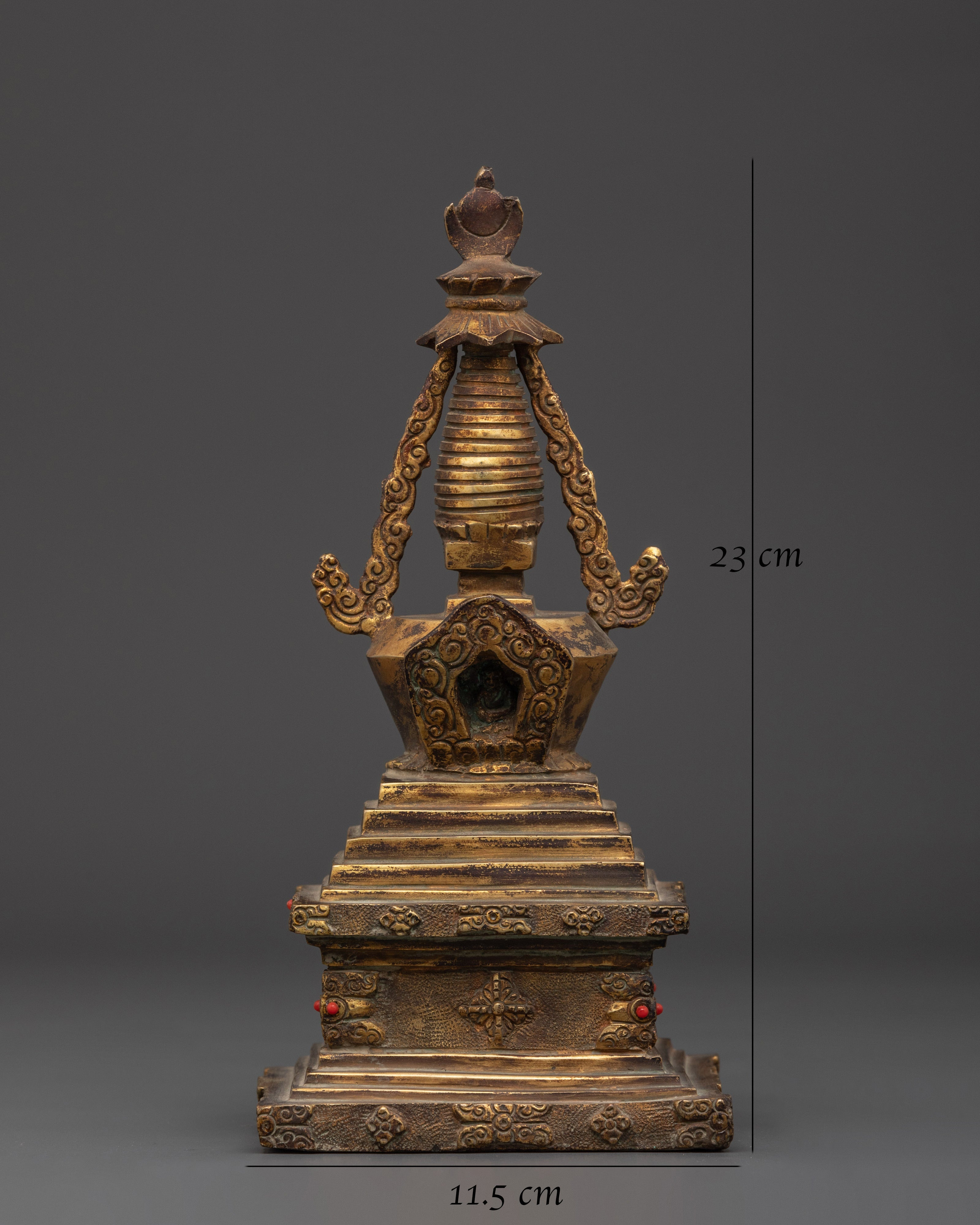 Gold Plated Himalayan Stupa |  Copper Body with Coral Stones