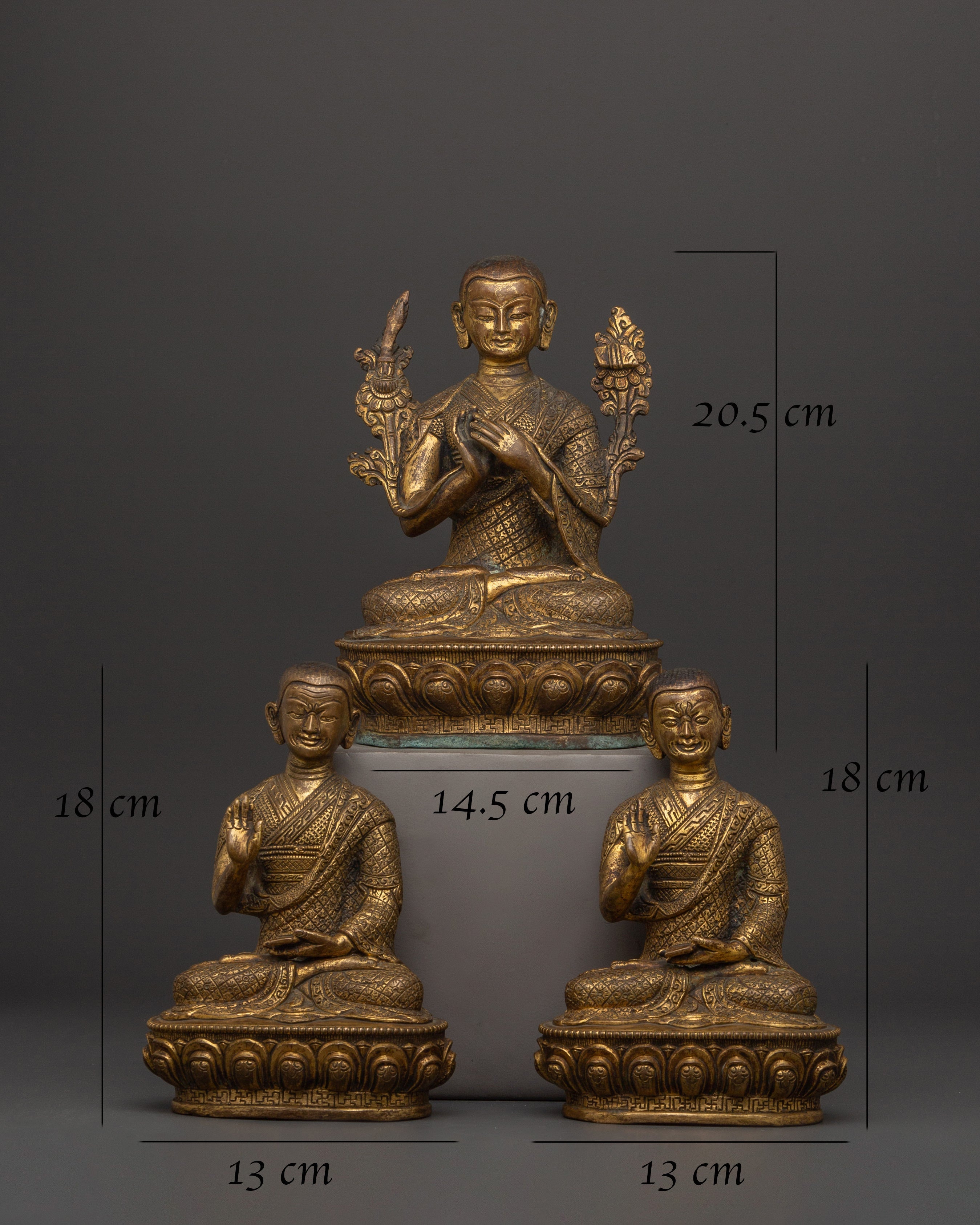 Handcrafted Brass body Tsongkhapa with Je Gyaltsab & Je Khedrup