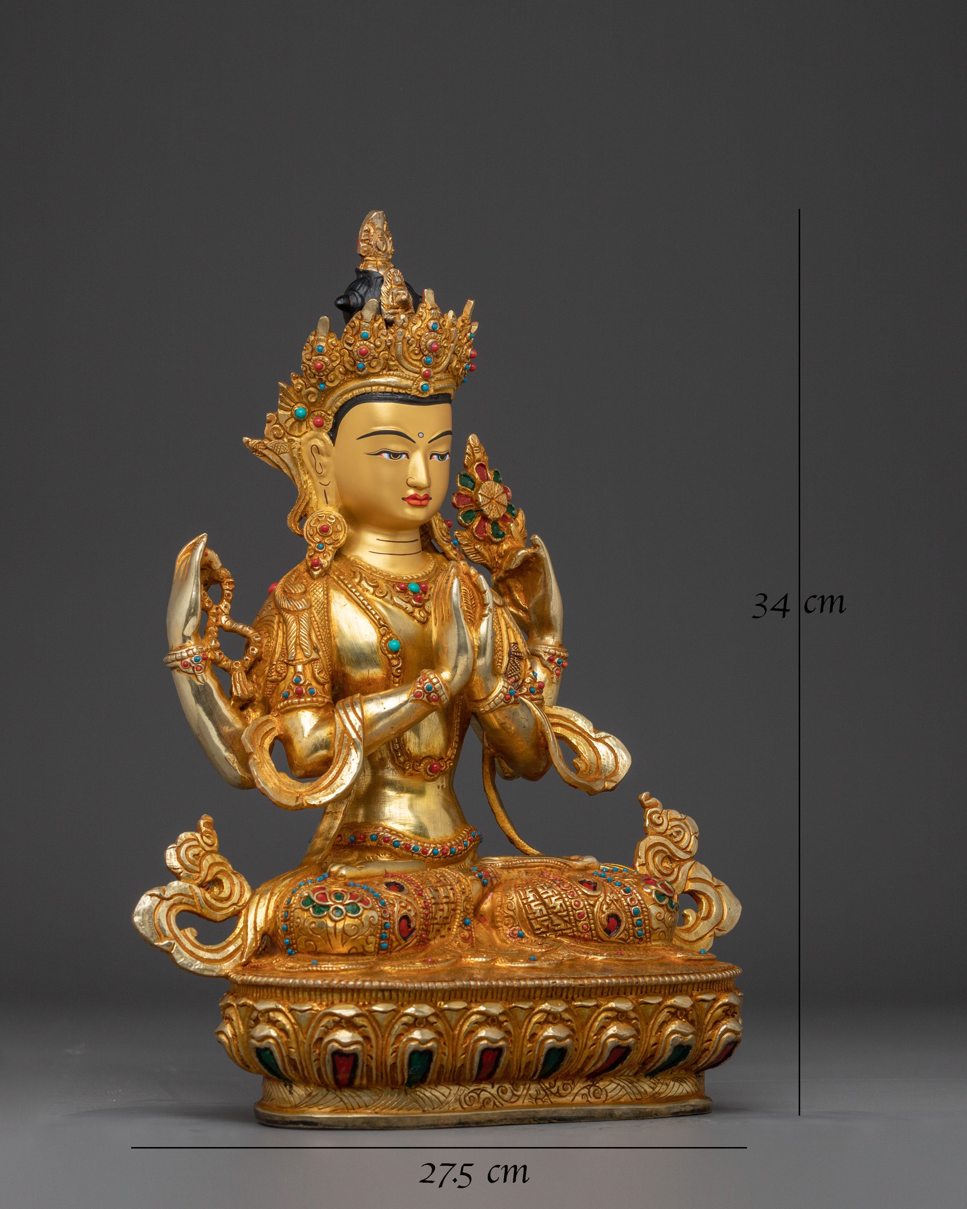 Chenrezig Copper Artwork with Gemstones Statue