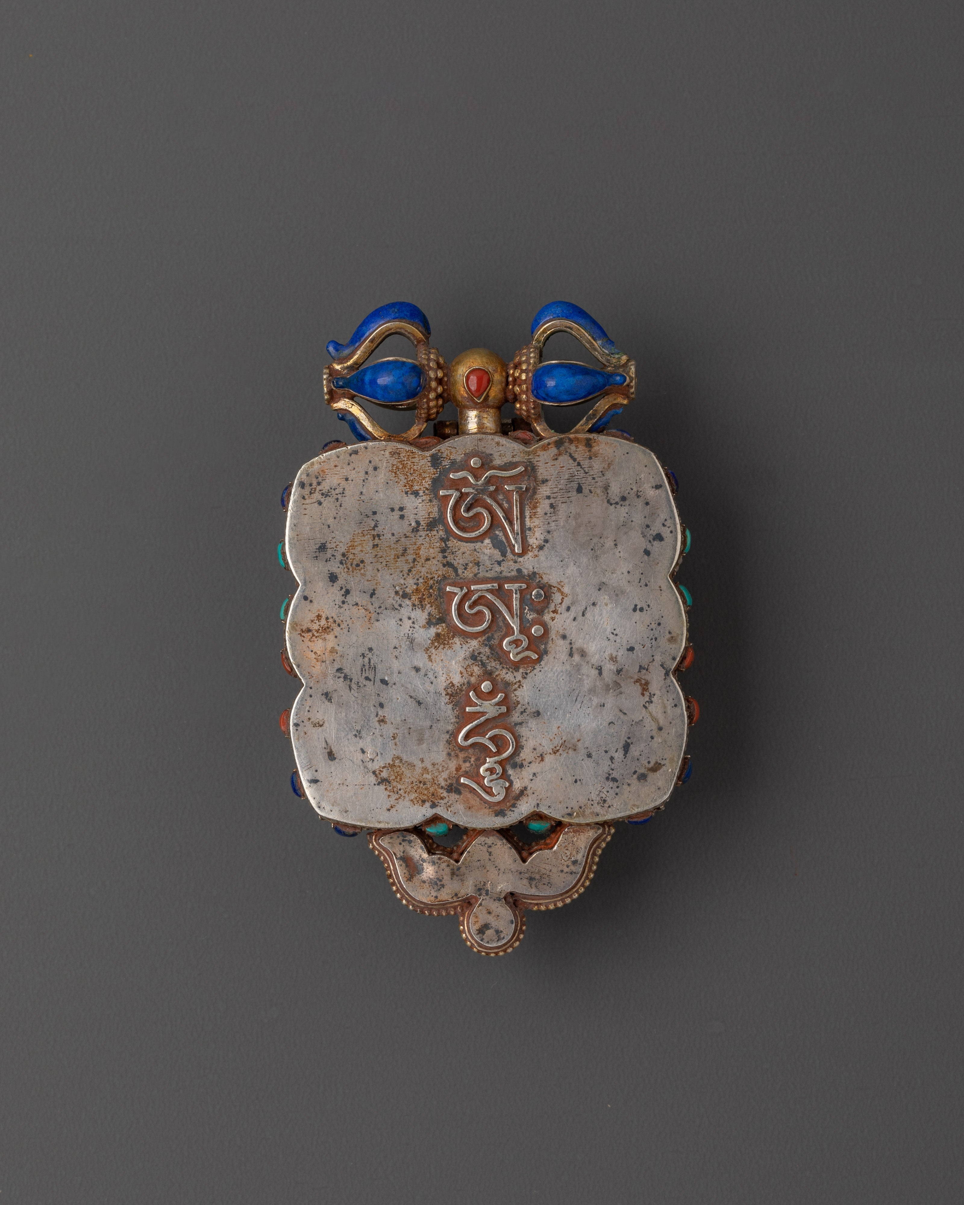 Tibetan Ghau Locket Charm | Silver Pendant with Turquoise