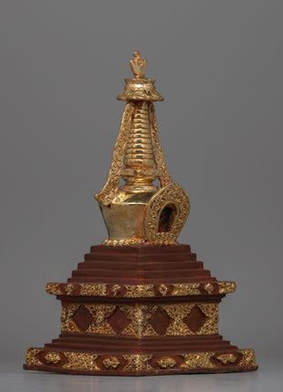 Discover a handcrafted Buddhist Stupa with gold-plated copper and bronze | Tibetan Shrine Artifact for Spiritual Rituals