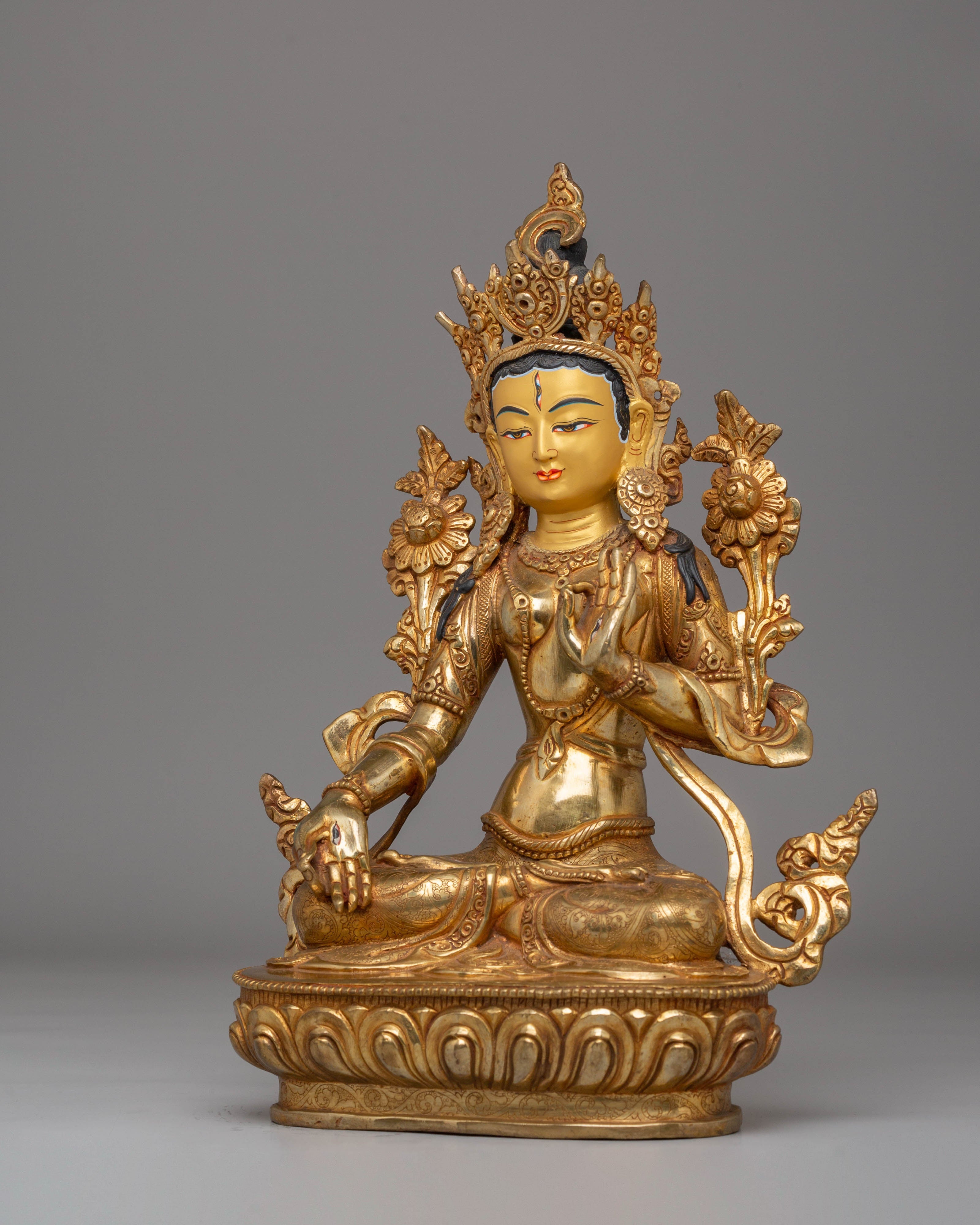 Handcrafted White Tara Copper Statue with 24K Gold Gilding