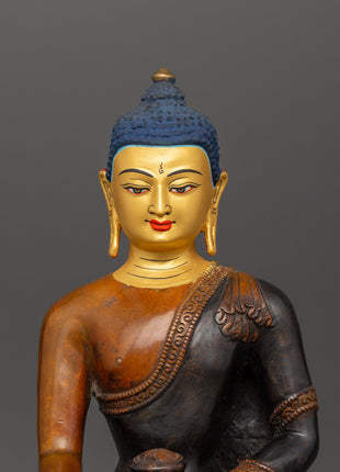 Shakyamuni Buddha Tibetan Altar Decor Statue | Oxidized Copper Body with Gold Plating