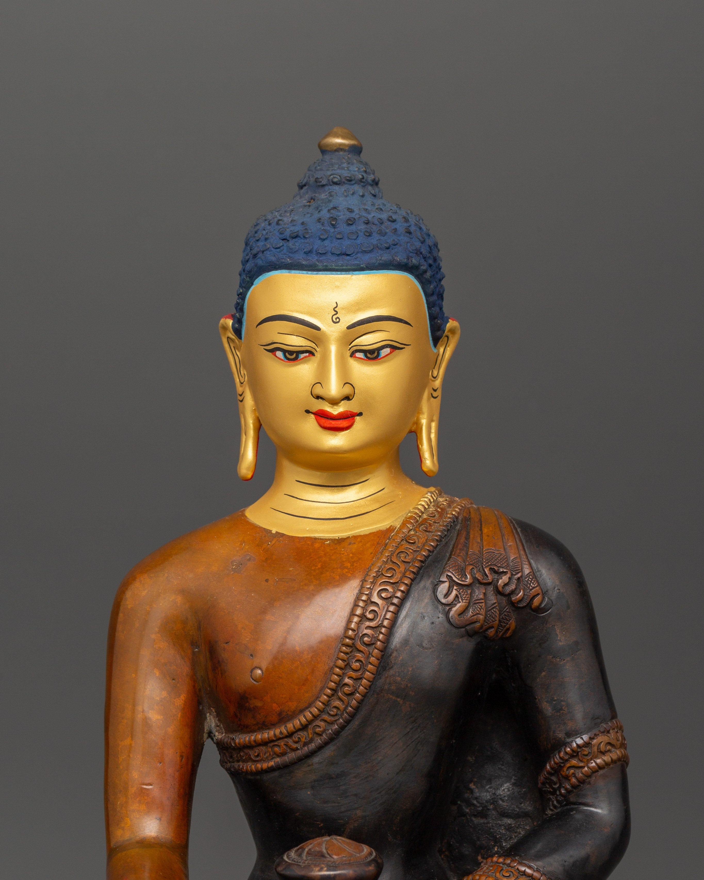 Shakyamuni Buddha Tibetan Altar Decor Statue | Oxidized Copper Body with Gold Plating