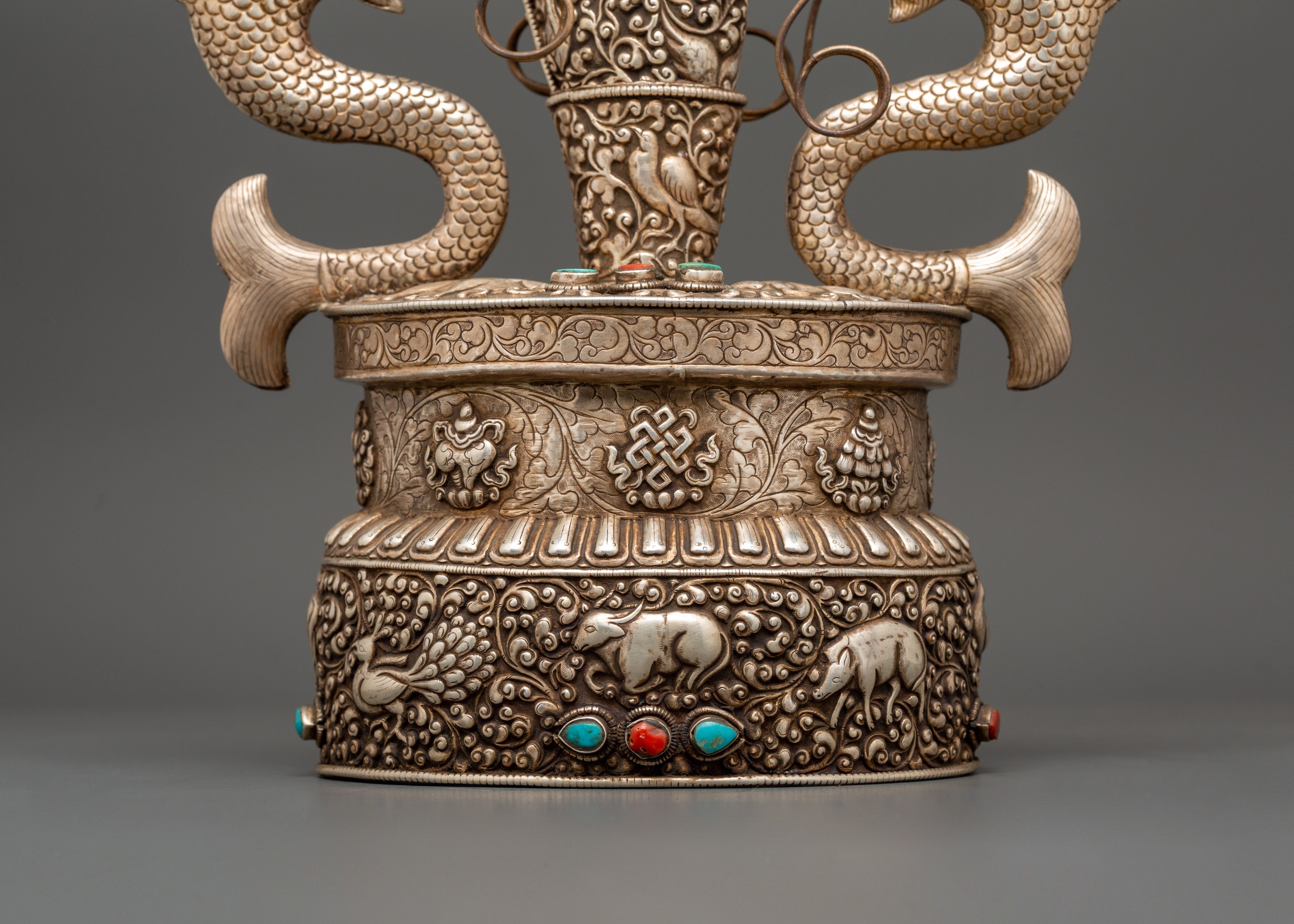 Conch with Auspicious Symbols | Handcrafted Silver & Crystal Tibetan Ritual Item