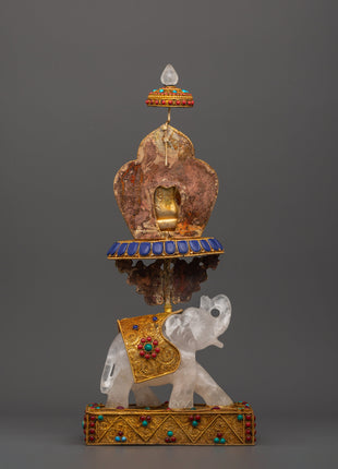 Shakyamuni Buddha on Crystal Elephant | Lapis & Coral Inlaid Gold Statue