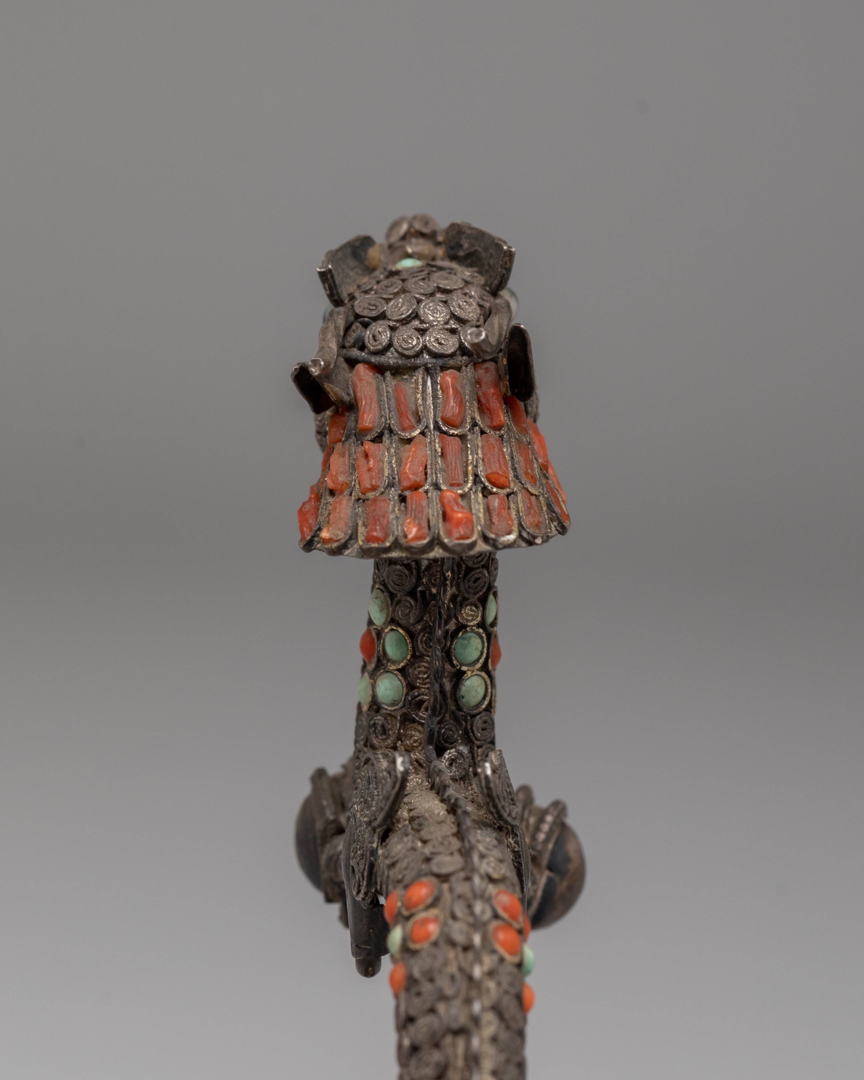 Handmade Dragon Sculpture | Silver Art Piece with Turquoise & Coral Gemstones